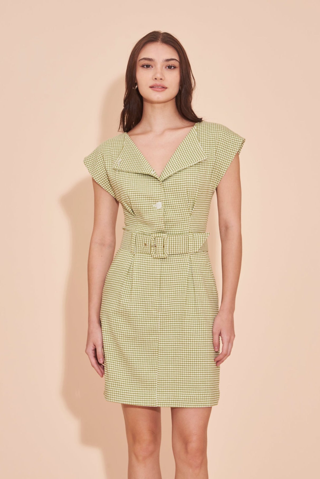 ON A HIGH NOTE | Boat Neck Off The Shoulder Dress In Olive Gingham With Square White Contrast Buttons