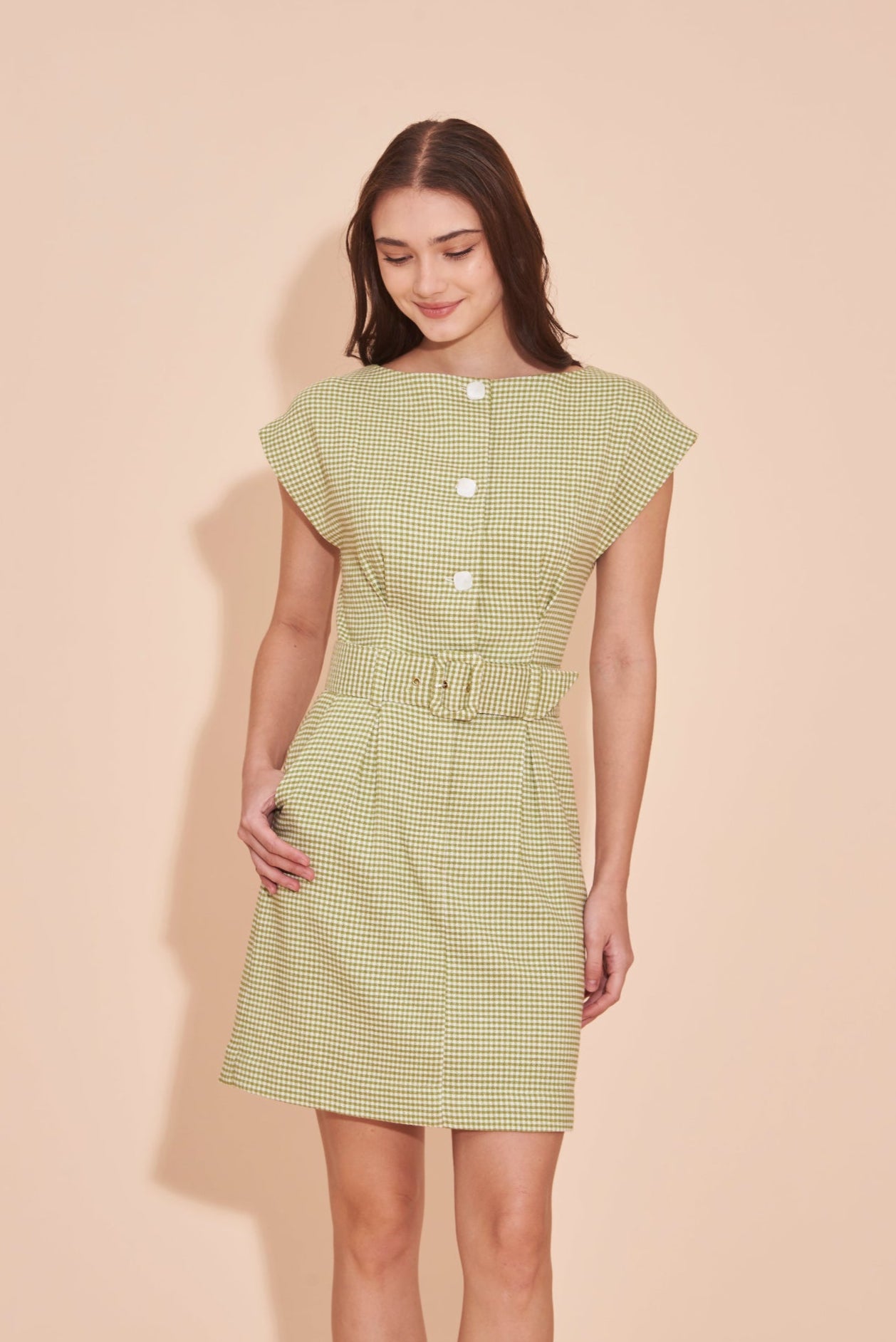 ON A HIGH NOTE | Boat Neck Off The Shoulder Dress In Olive Gingham With Square White Contrast Buttons