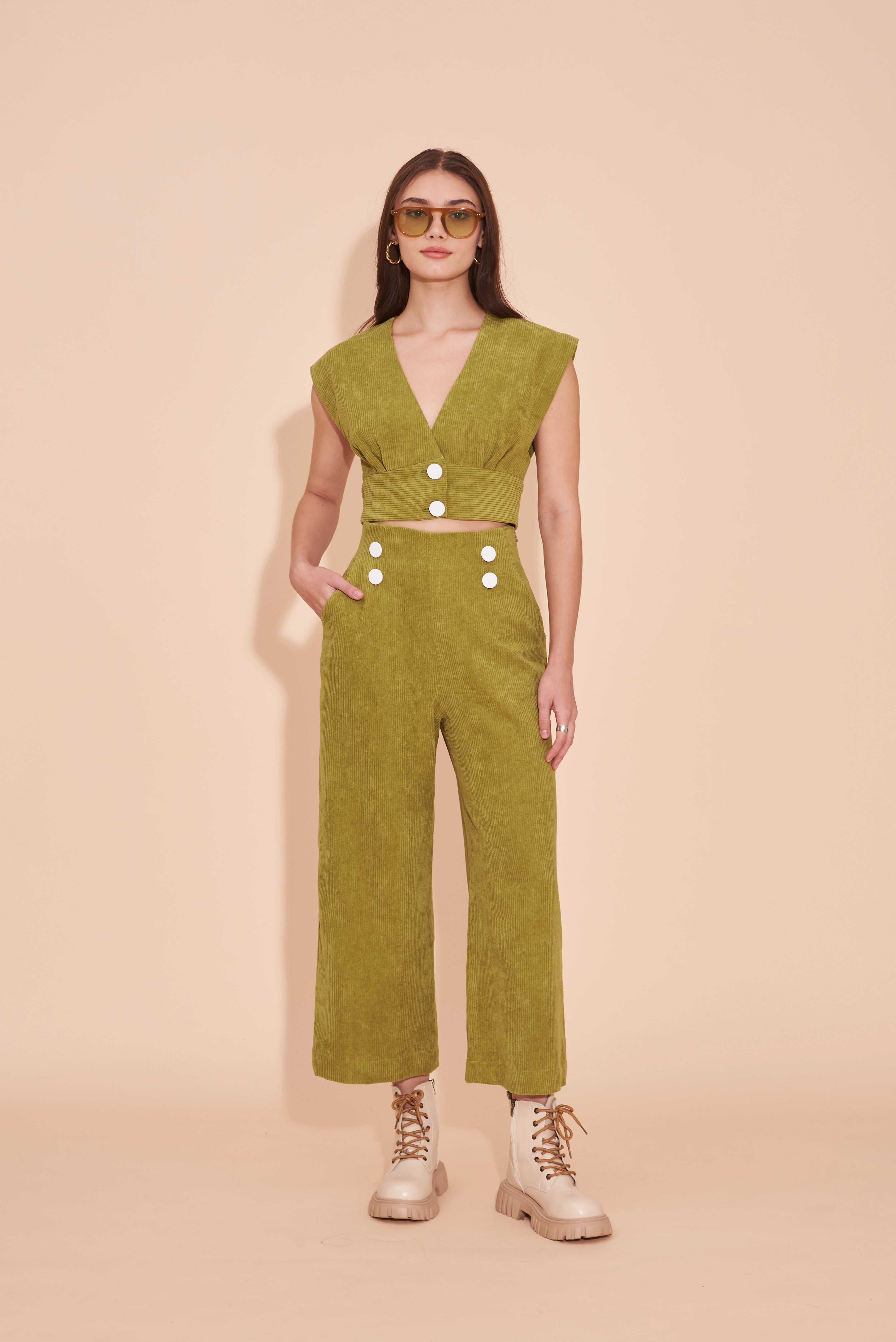 "SUNSHINE" 3/4 High Waist Culottes In Olive Green Corduroy with White Contrast Buttons