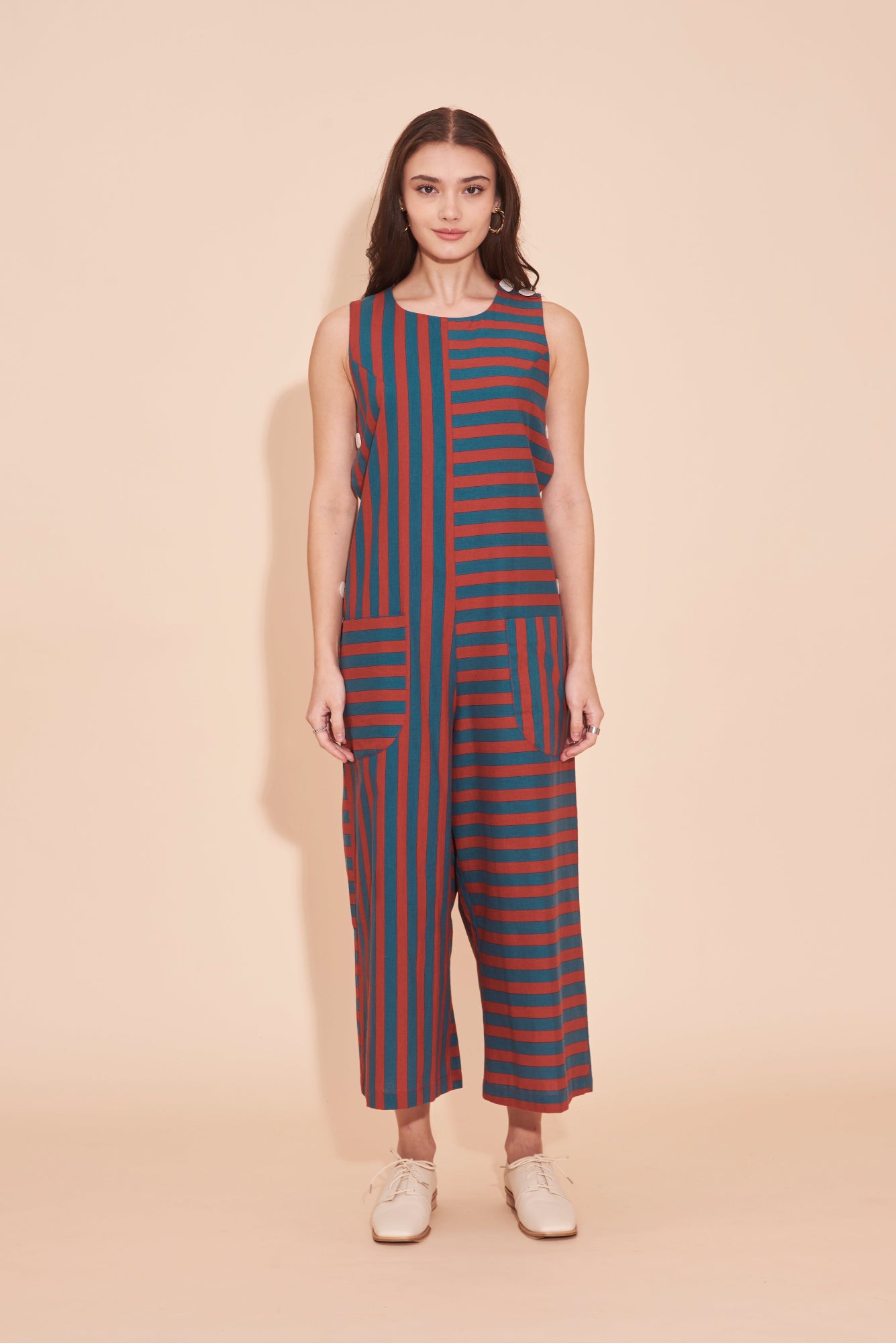 JODIE SAID BEFORE & AFTER Retro Stripes Jumpsuits With Contrast Buttons