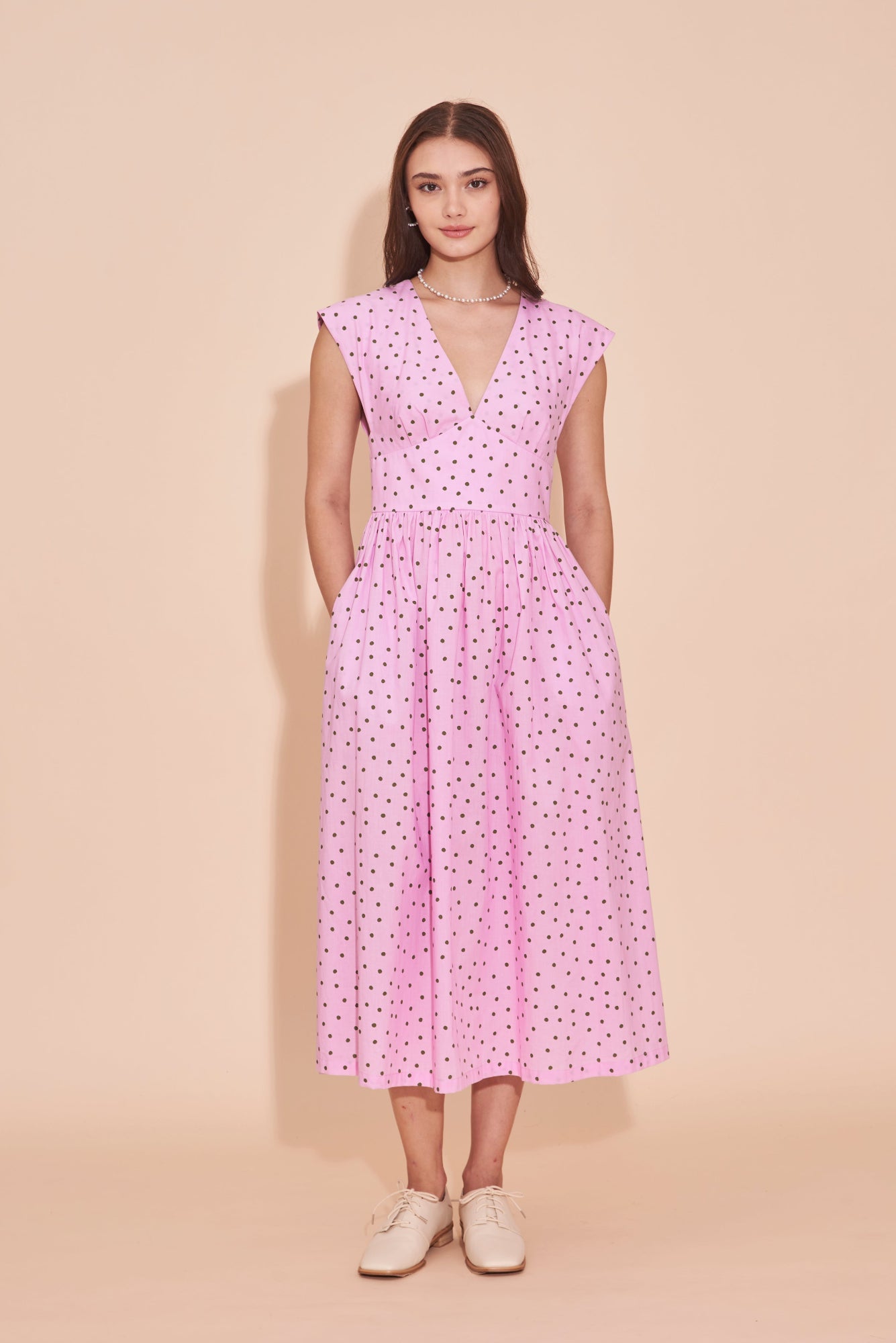 50s Inspired Penny Arcade Fit & Flare Tea Dress With Plunging V neck In Pink Green Polka Dot