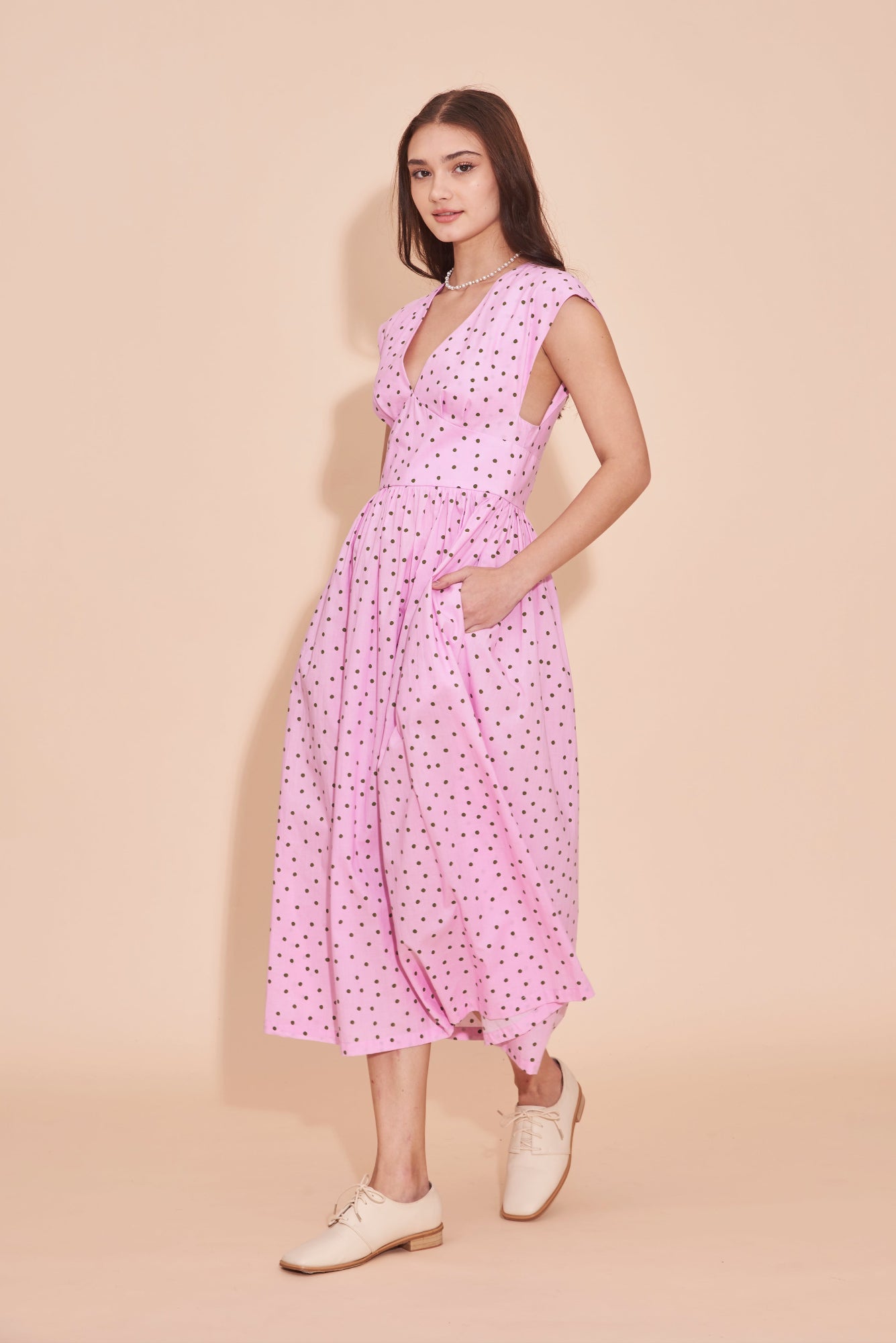 50s Inspired Penny Arcade Fit & Flare Tea Dress With Plunging V neck In Pink Green Polka Dot