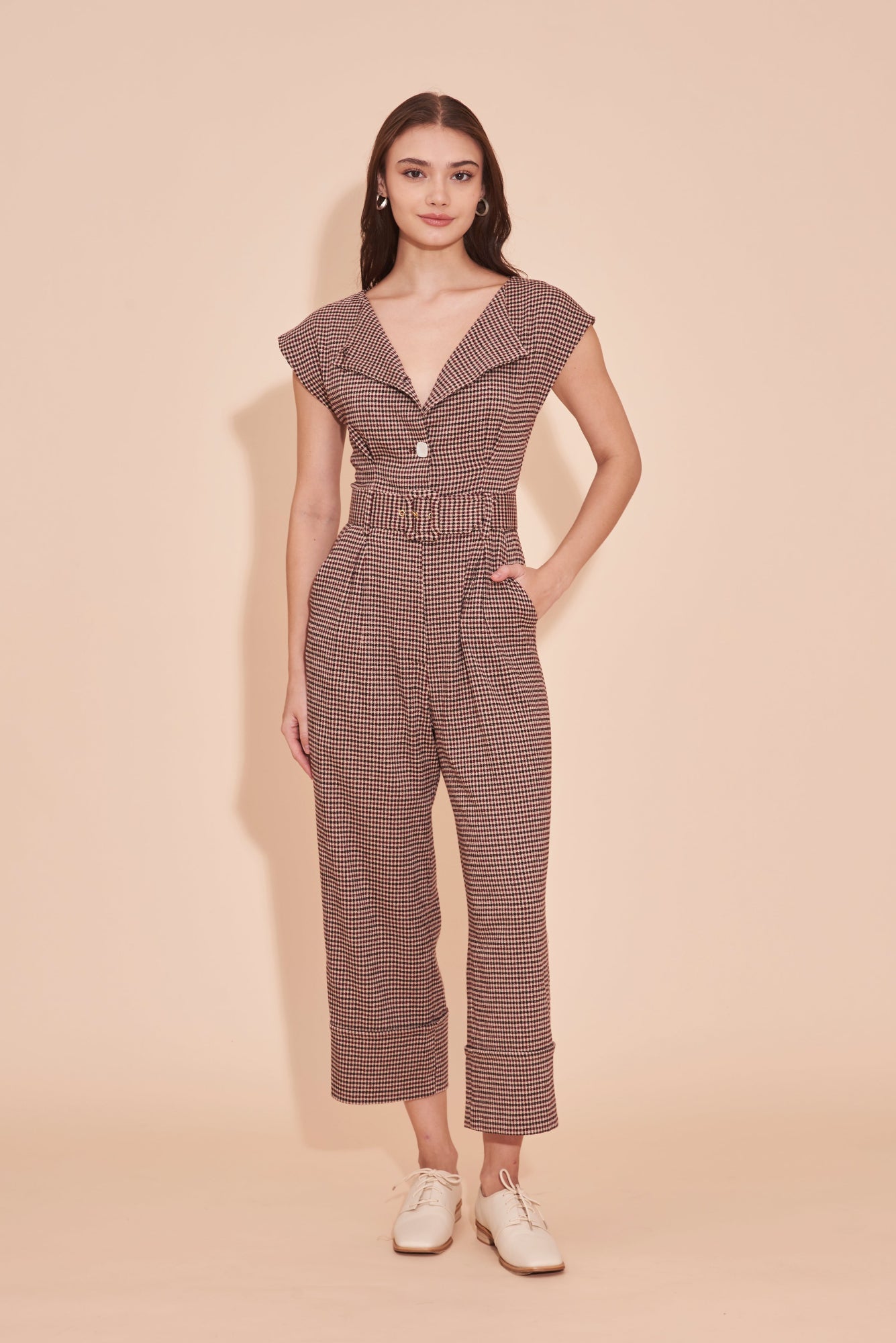 ON A HIGH NOTE | Boat Neck Jumpsuits With White Contrast Buttons In Brown Maroon Checkered