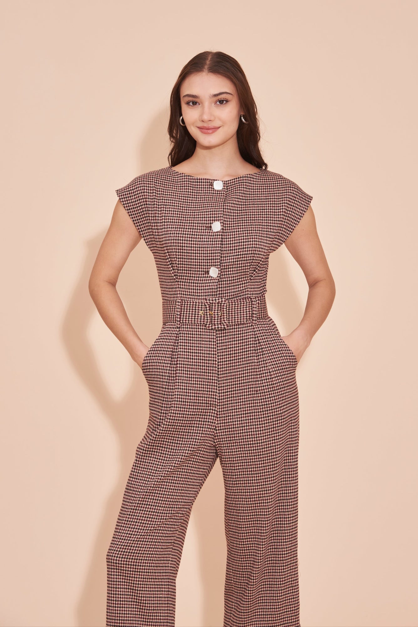 ON A HIGH NOTE | Boat Neck Jumpsuits With White Contrast Buttons In Brown Maroon Checkered