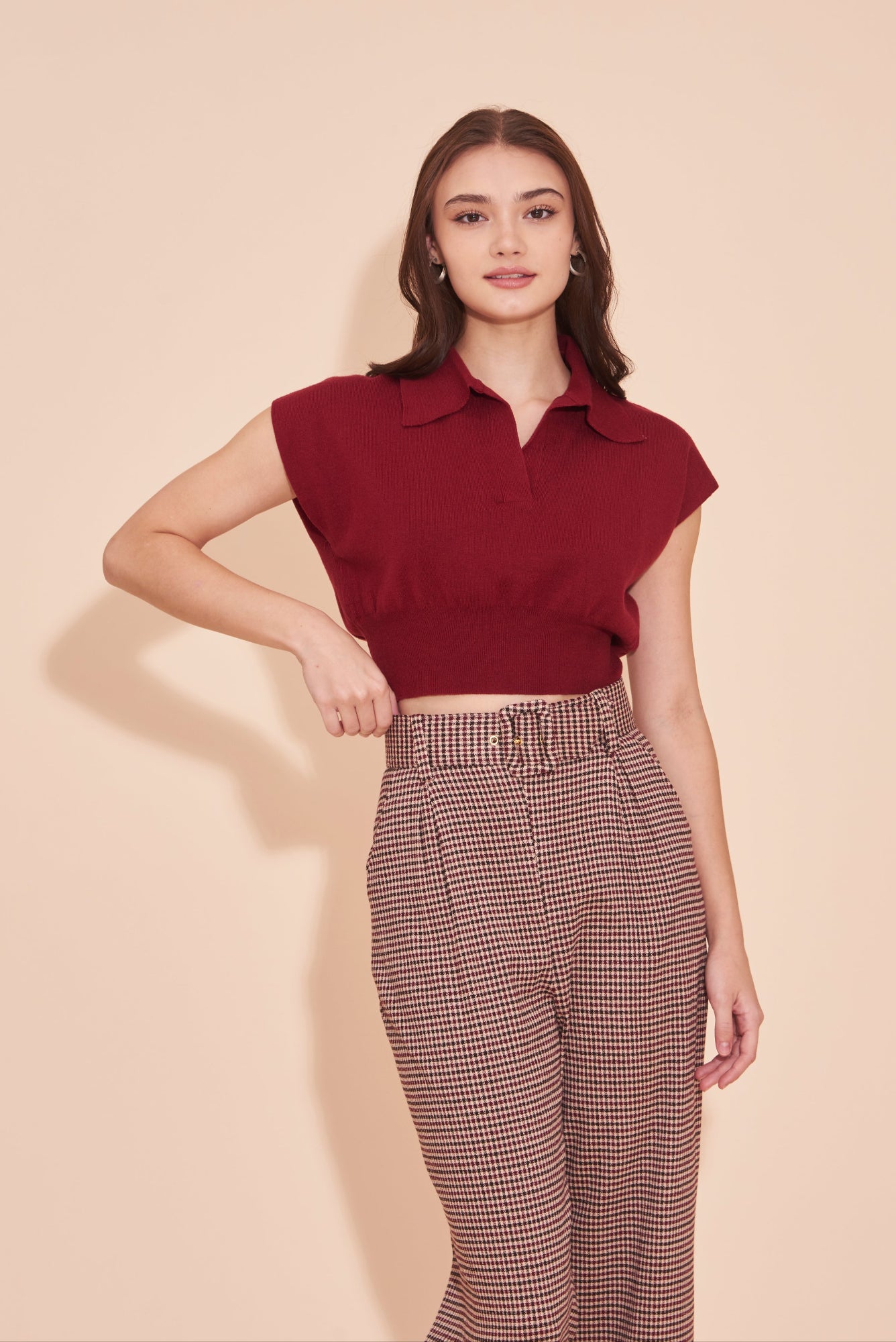 ON A HIGH NOTE | Maroon Checkered 60s Tailored High Waisted Straight Leg Culotte Pants