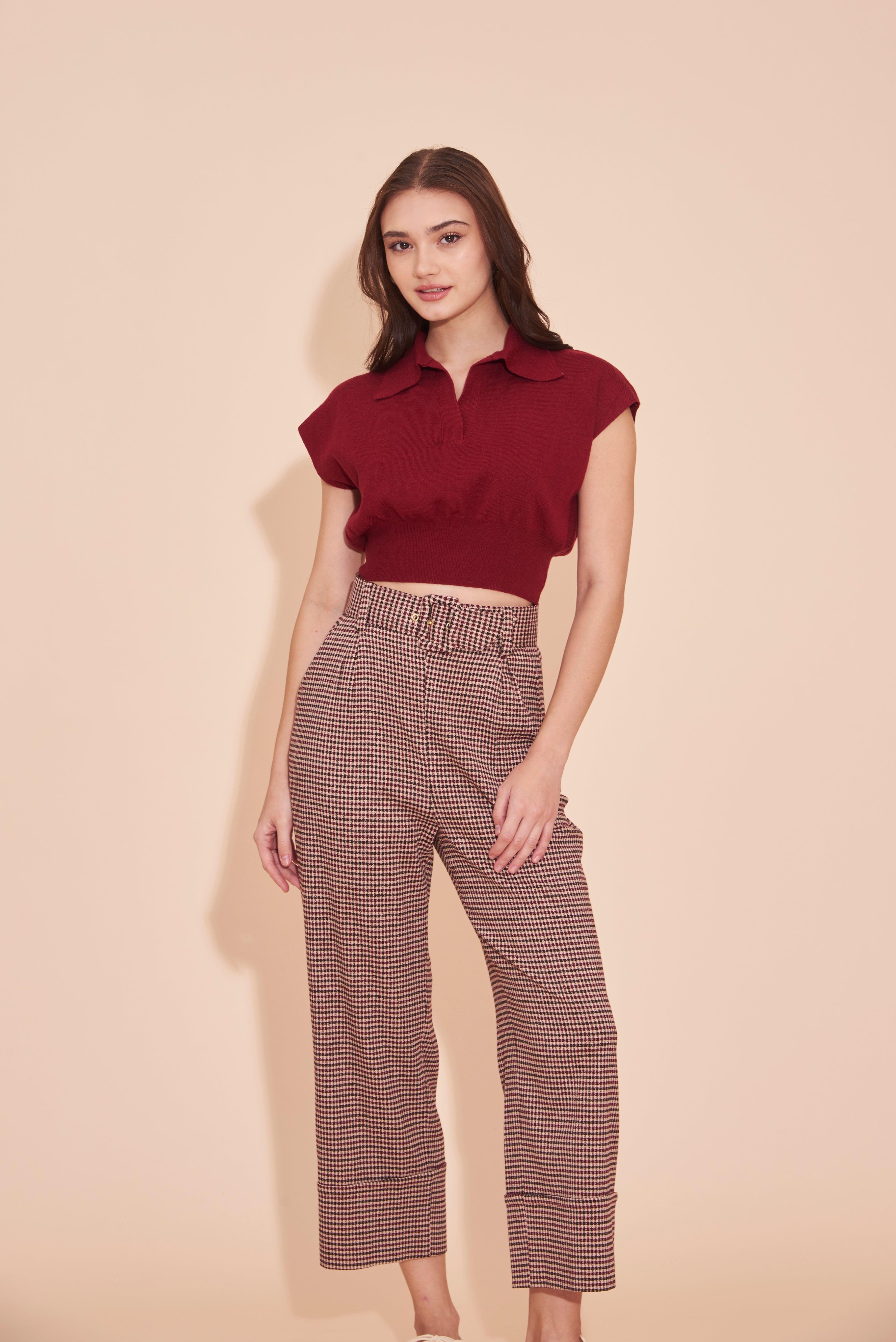 ON A HIGH NOTE | Maroon Checkered 60s Tailored High Waisted Straight Leg Culotte Pants