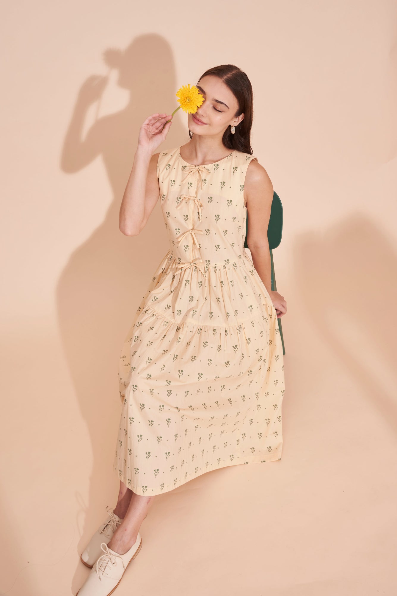 Tinseltown Floral Polka Dot Tiered Maxi Cotton Dress With Tie Front Opening In Beige