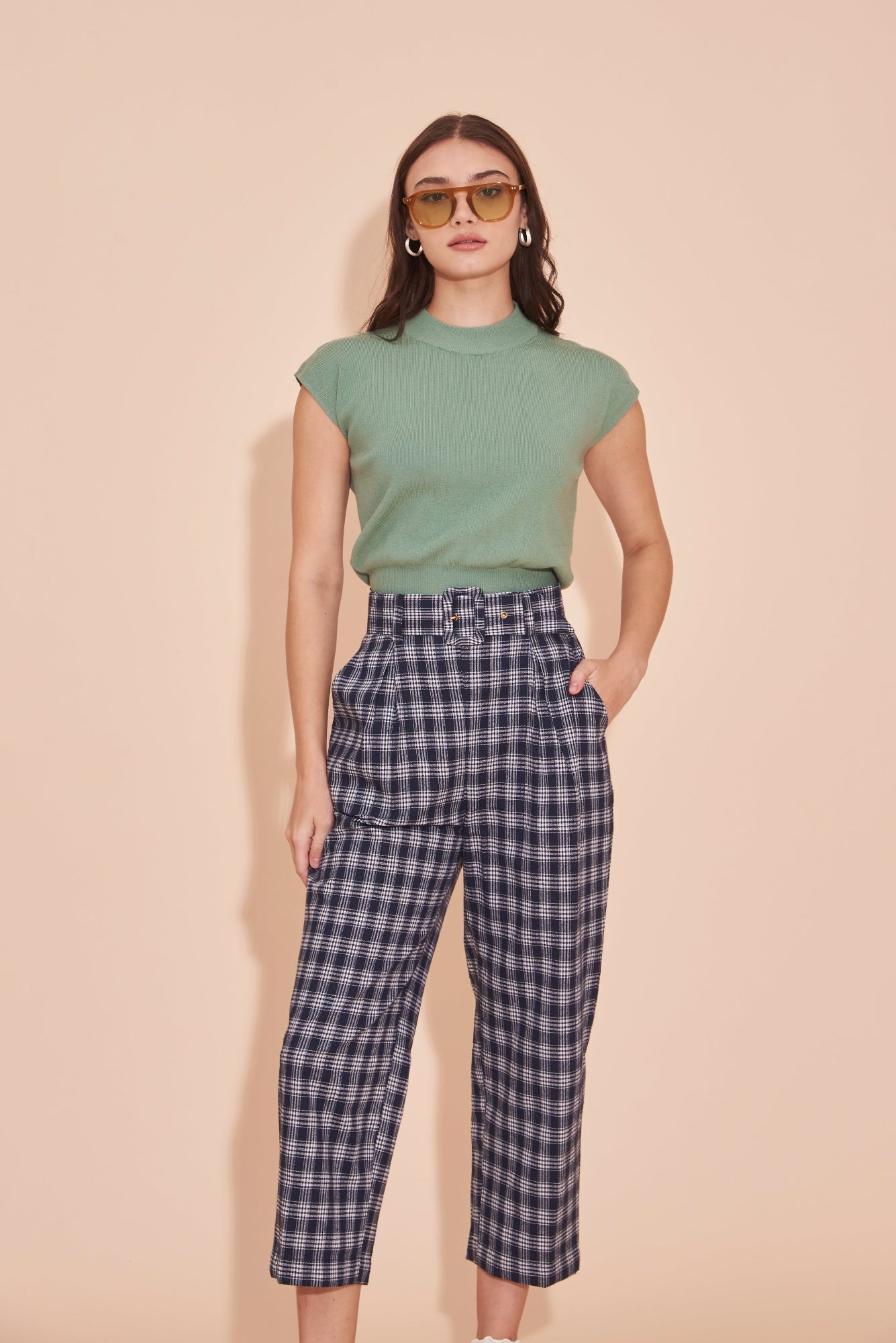 MARINA Navy White Plaids Checkered High Waisted Peg Leg Pants