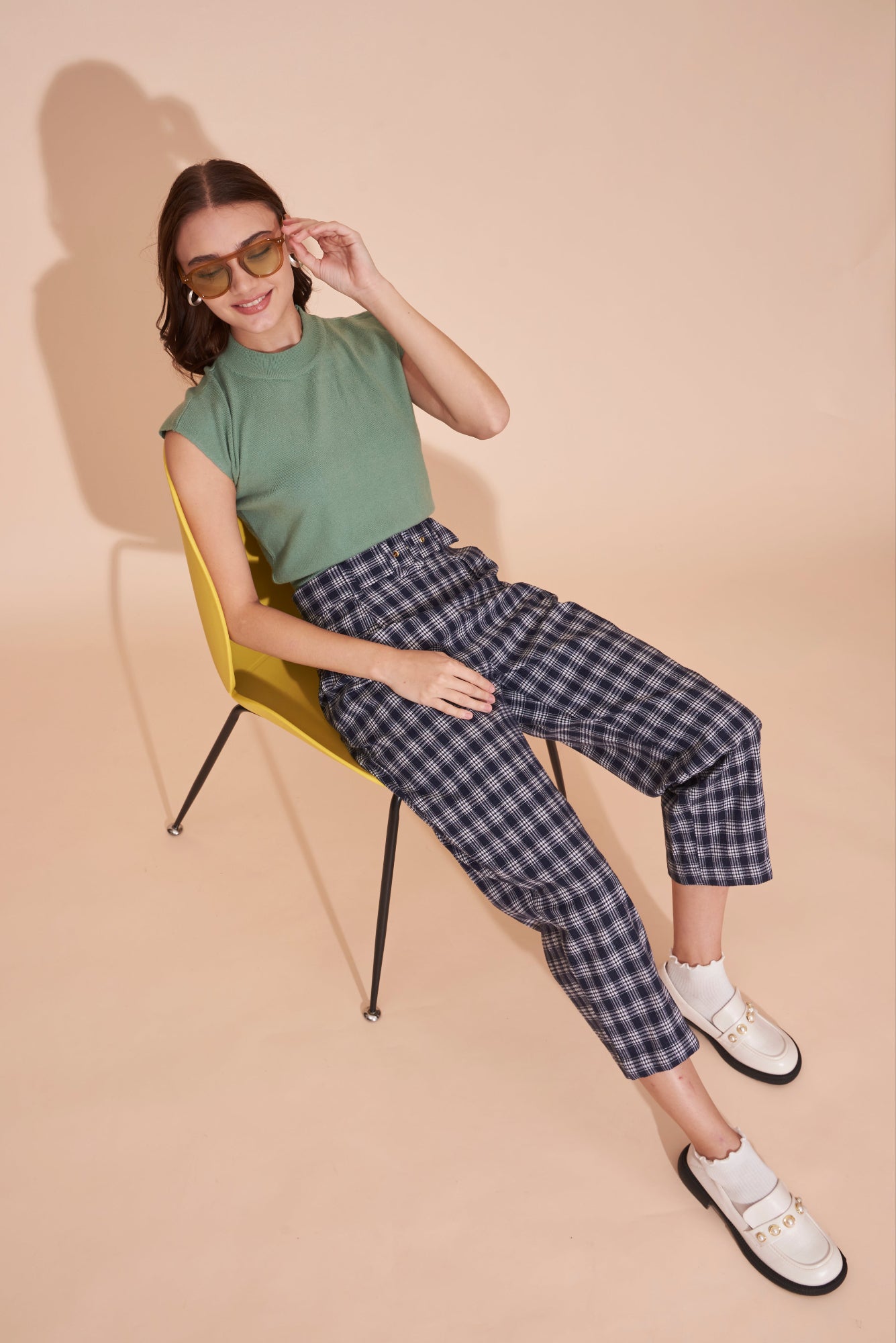 MARINA Navy White Plaids Checkered High Waisted Peg Leg Pants