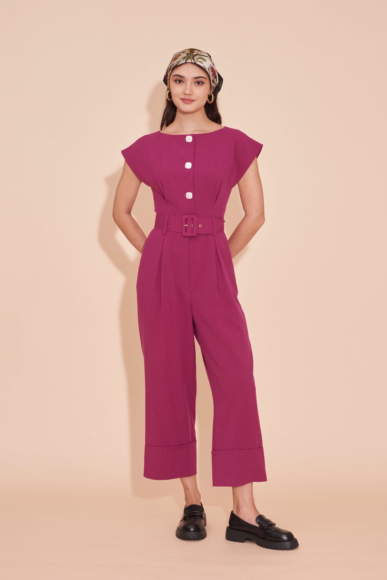 ON A HIGH NOTE | Boat Neck Jumpsuits With White Contrast Buttons In Magenta Pink