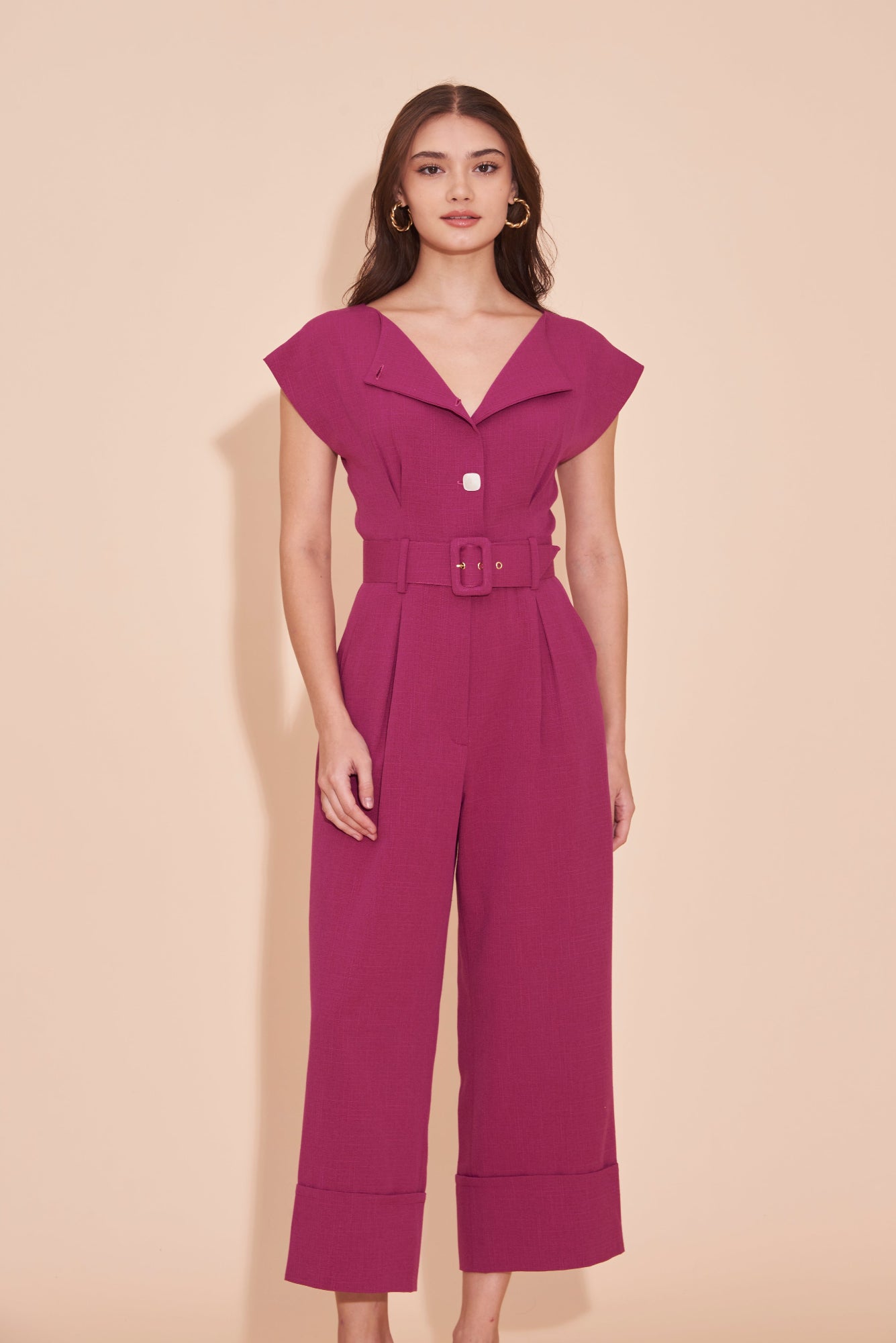ON A HIGH NOTE | Boat Neck Jumpsuits With White Contrast Buttons In Magenta Pink