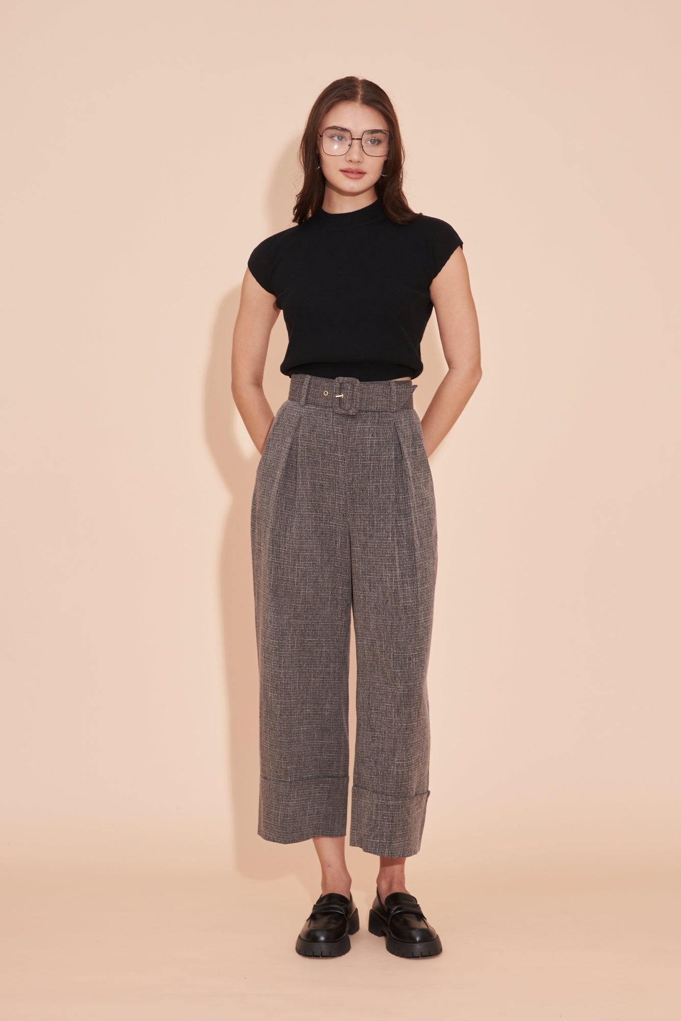 THINK OUTSIDE THE BOX High Waisted Cuffed Pants With Buckle belt In Grey