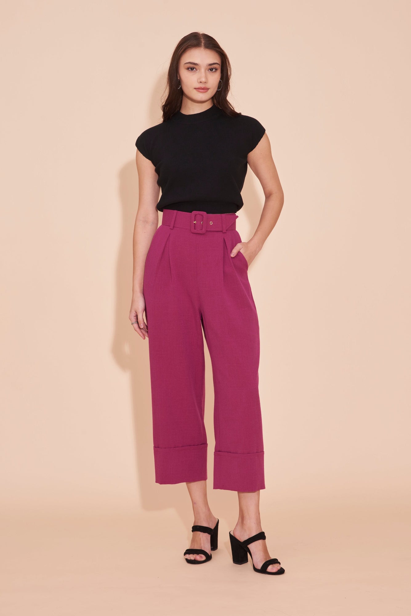 THINK OUTSIDE THE BOX High Waisted Cuffed Pants With Buckle belt In Magenta Pink