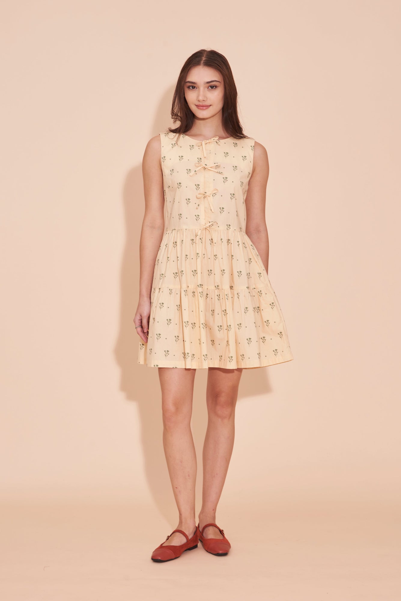 Tinseltown Floral Polka Dot Tiered Mini Cotton Dress With Tie Front Opening In Beige