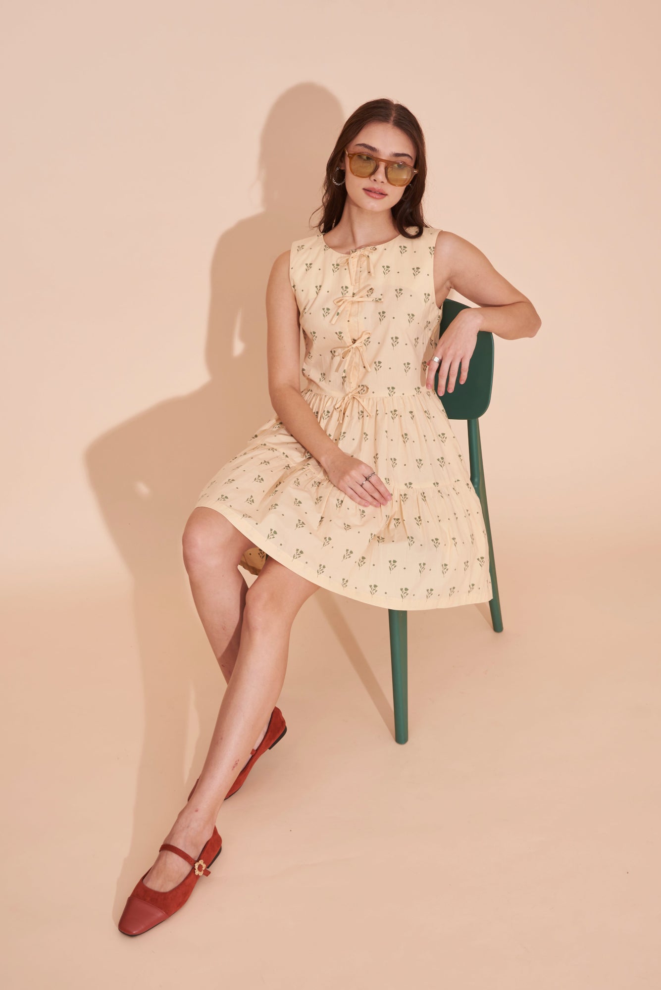 Tinseltown Floral Polka Dot Tiered Mini Cotton Dress With Tie Front Opening In Beige