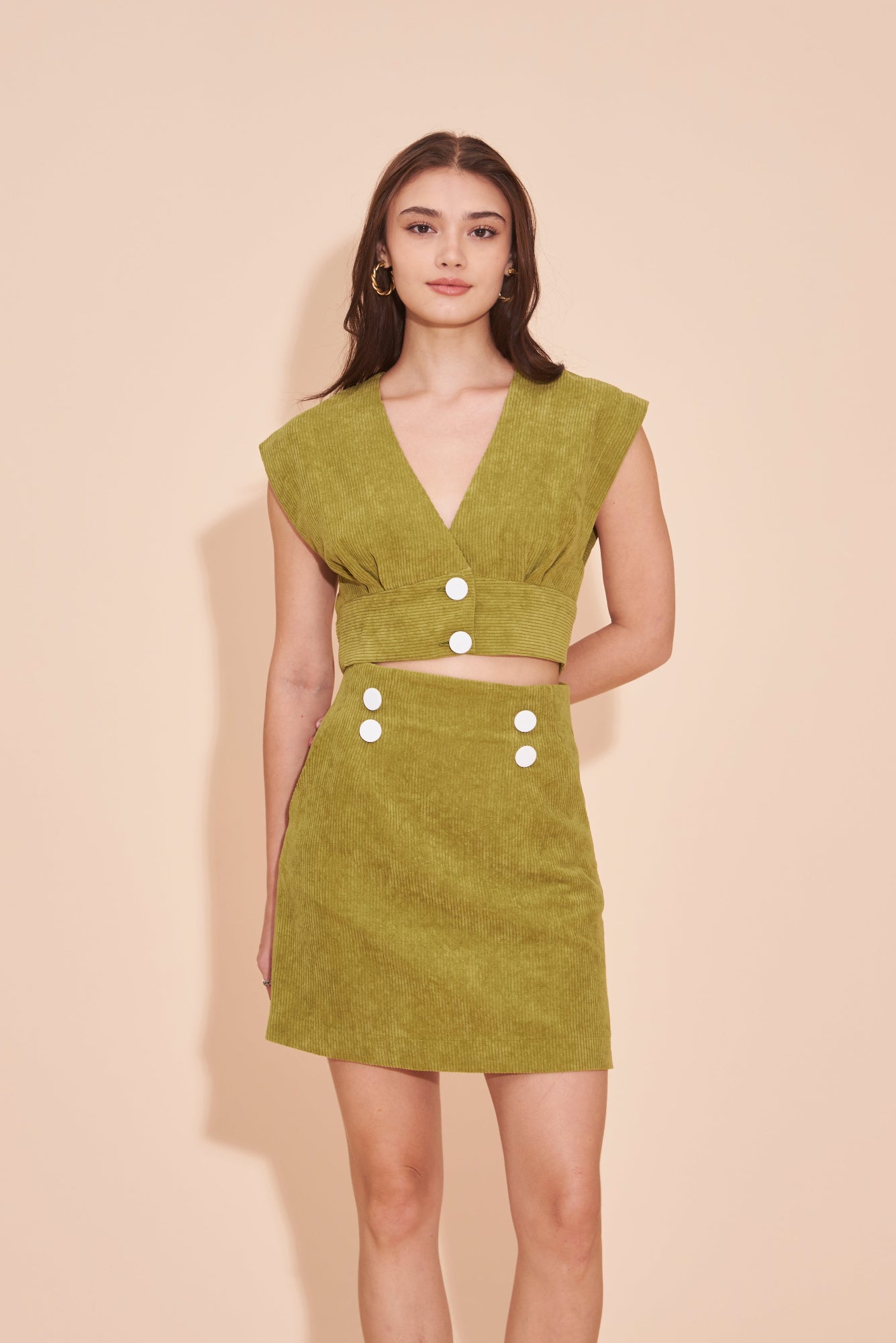 "SUNSHINE" High Waisted Mini A Line Skirt In Olive Corduroy