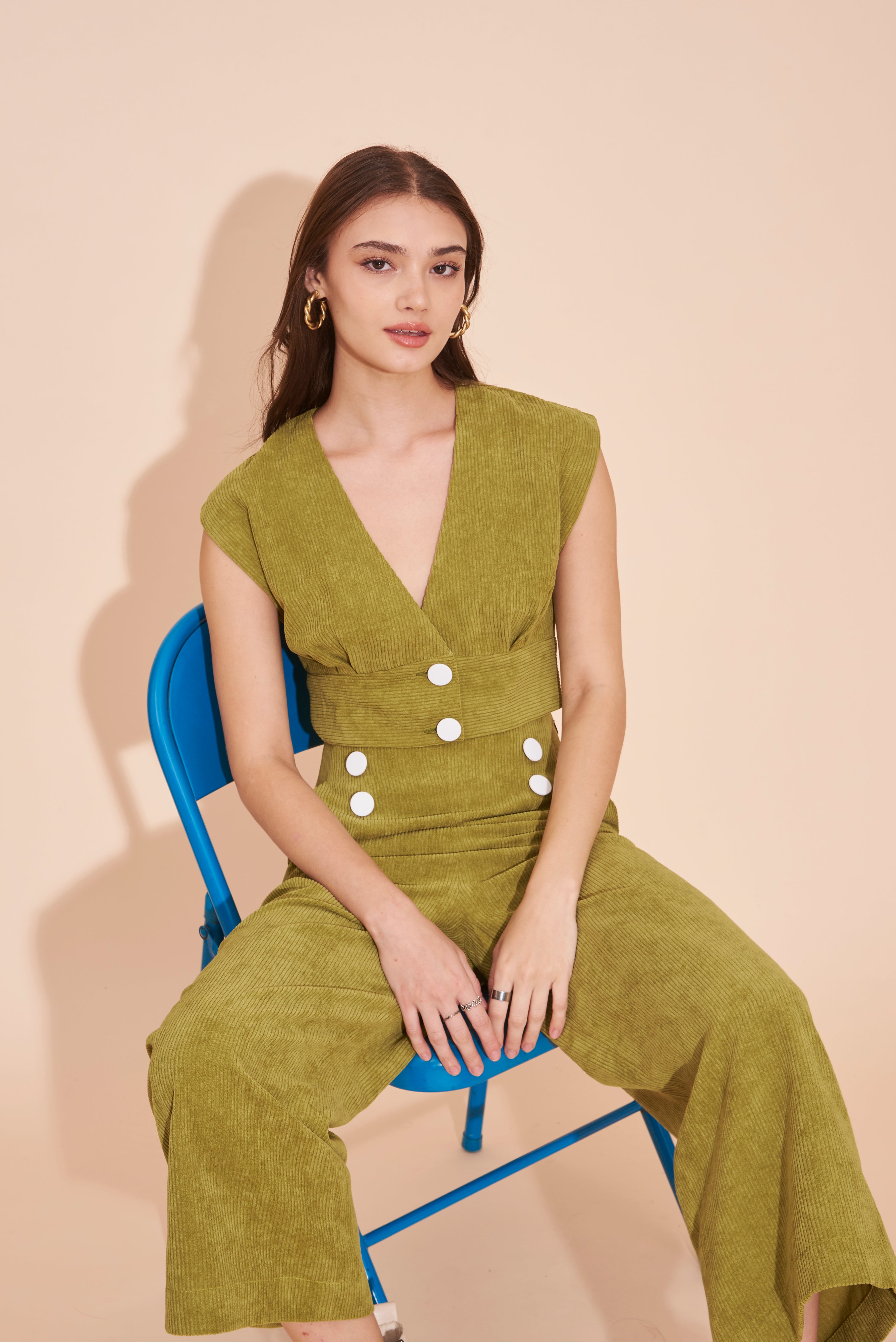 "SUNSHINE" 3/4 High Waist Culottes In Olive Green Corduroy with White Contrast Buttons