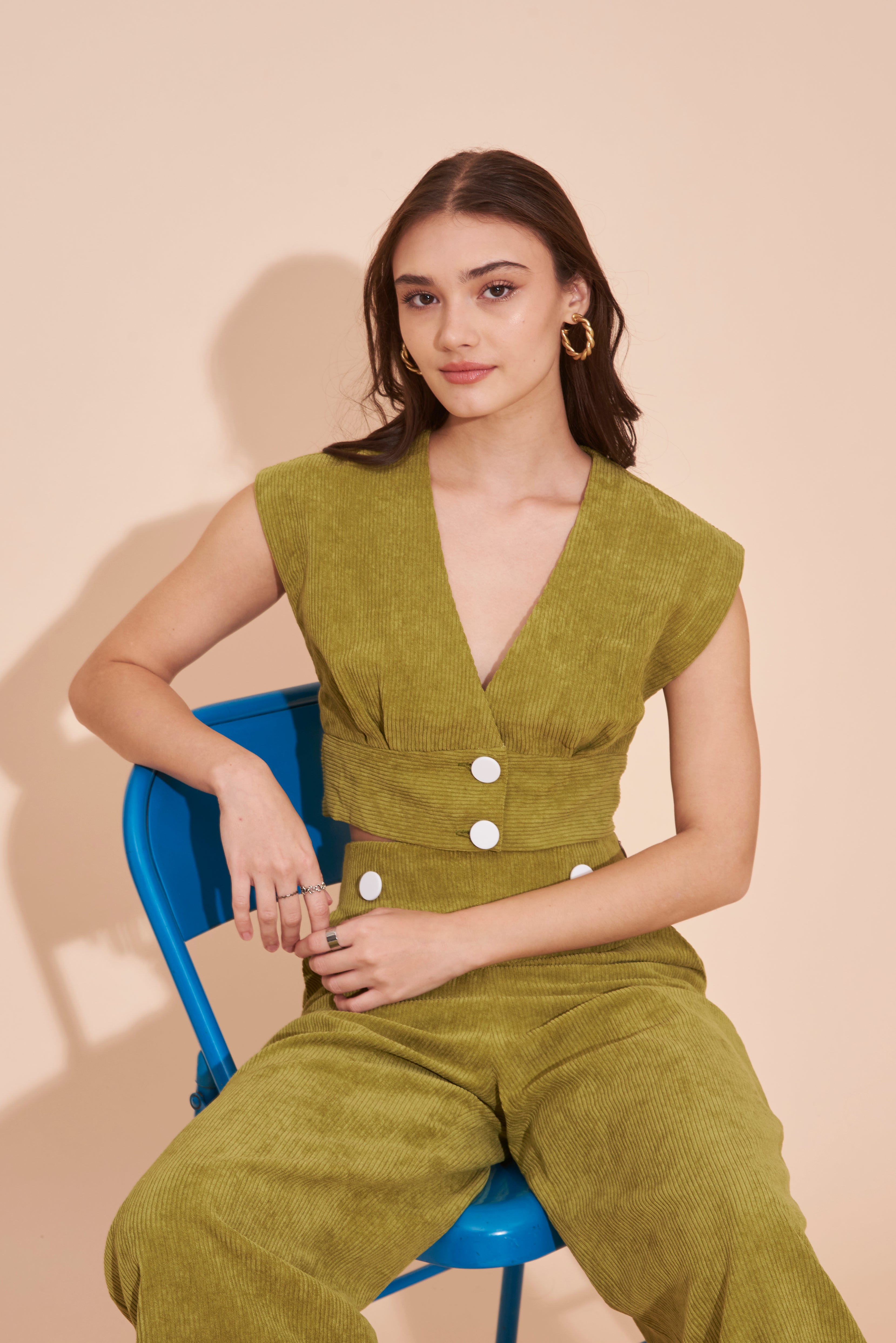 "SUNSHINE" Empired Waist Cropped Olive Green Corduroy Vest Top with White Contrast Buttons