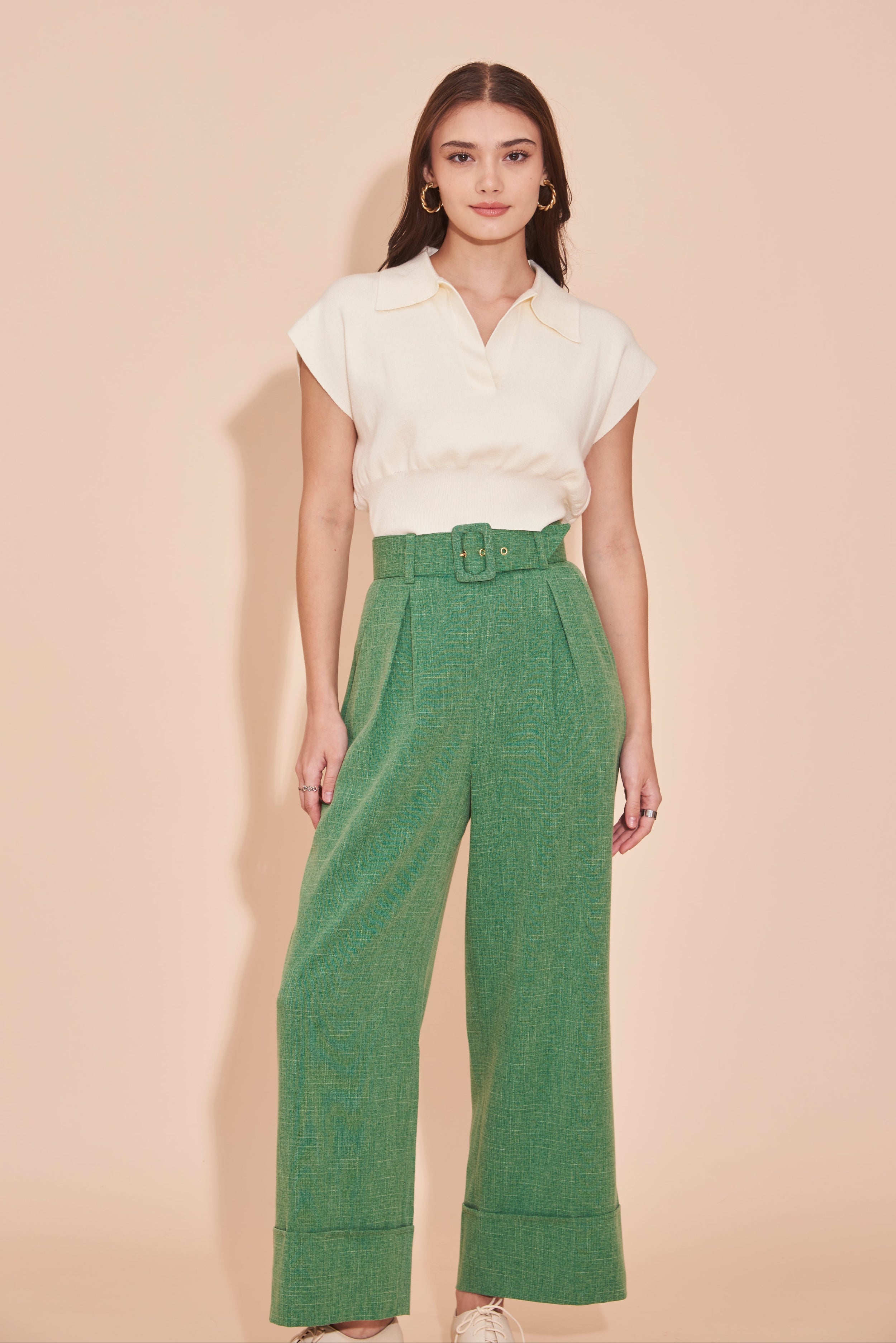THINK OUTSIDE THE BOX High Waisted Cuffed Pants With Buckle belt In Moss Green