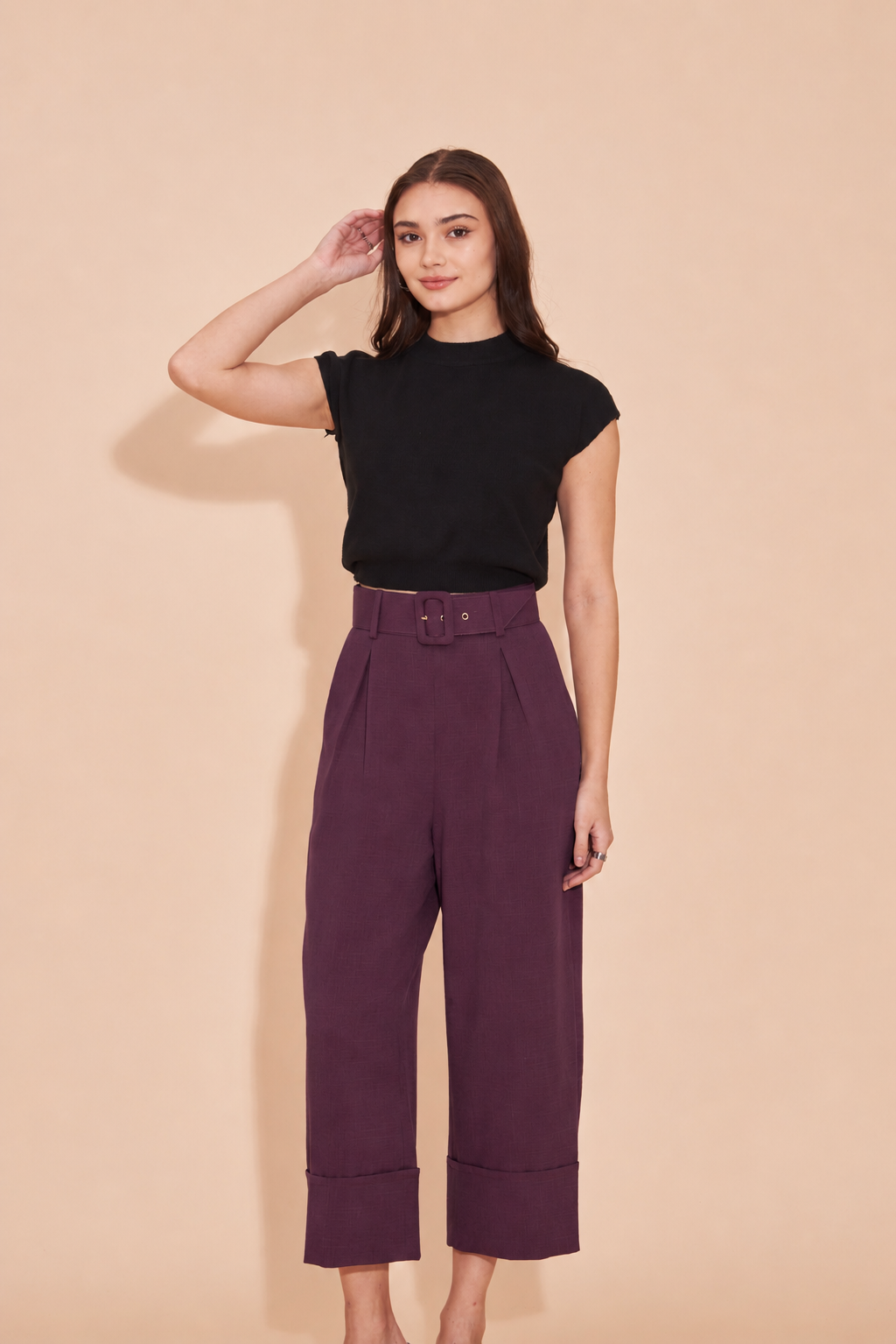 THINK OUTSIDE THE BOX High Waisted Cuffed Pants With Buckle belt In Burgandy