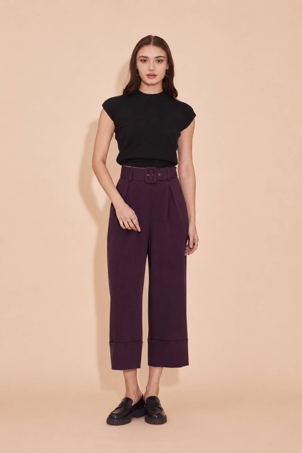 THINK OUTSIDE THE BOX High Waisted Cuffed Pants With Buckle belt In Burgandy