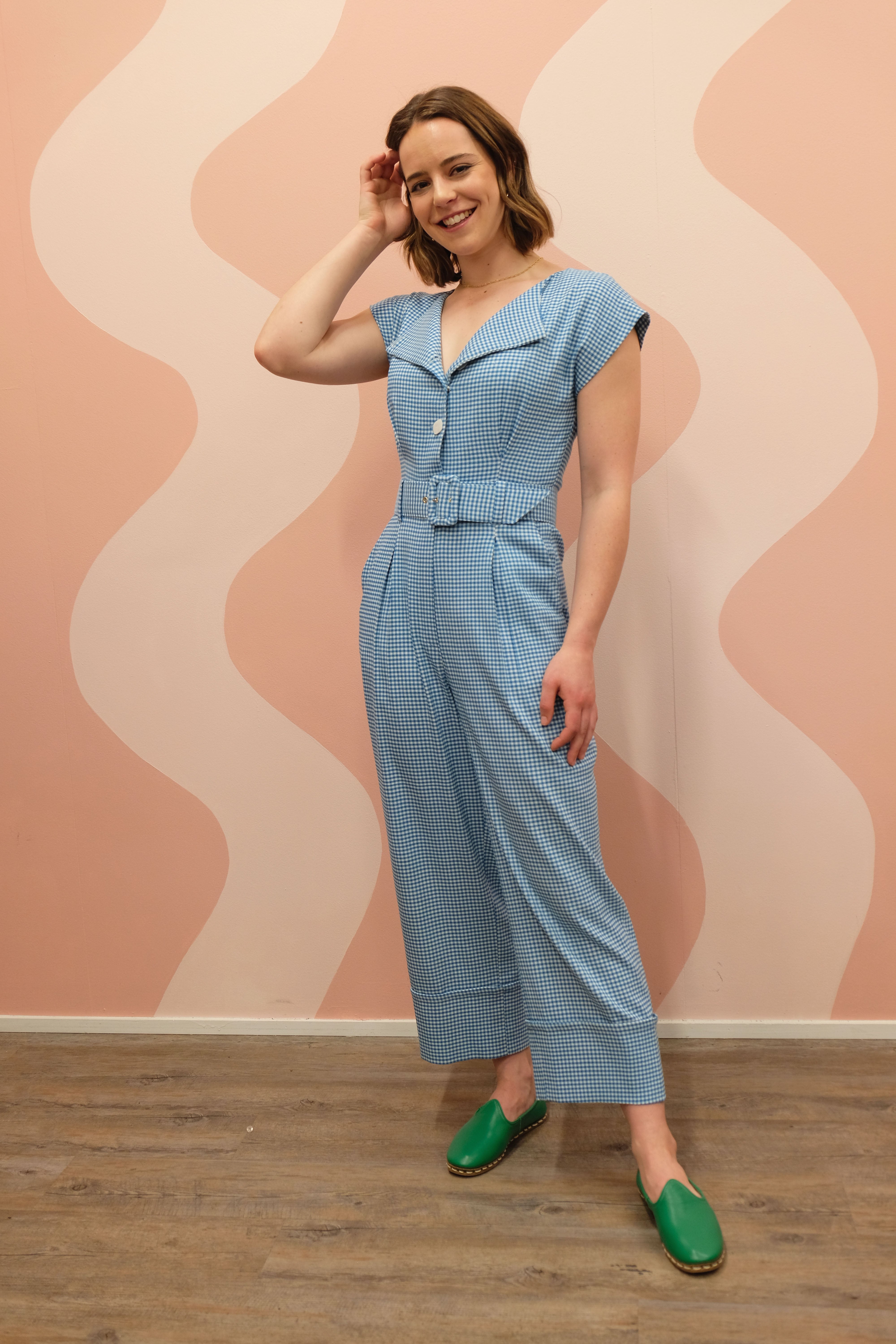 ON A HIGH NOTE | Boat Neck Jumpsuits in Blue and White Gingham