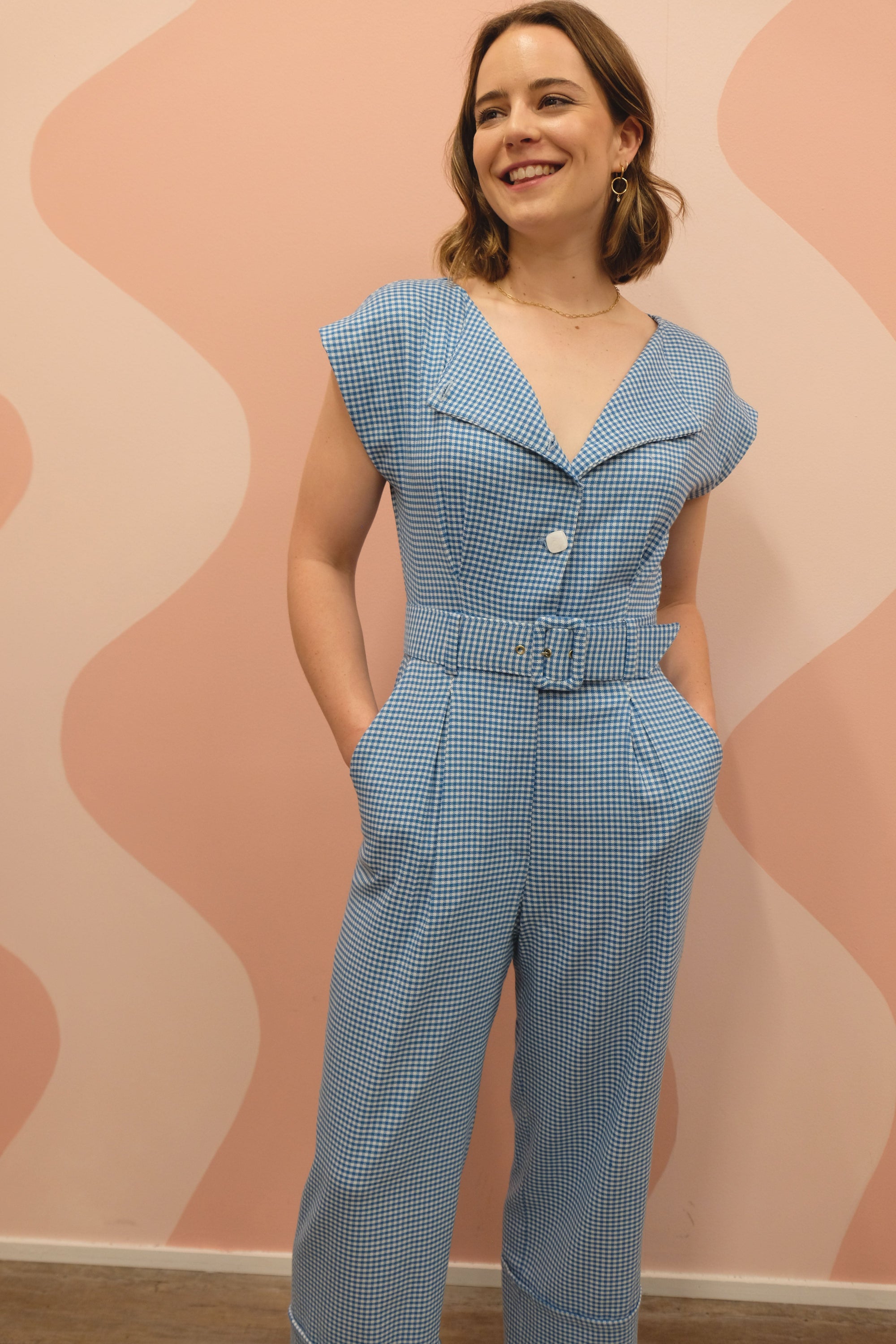 ON A HIGH NOTE | Boat Neck Jumpsuits in Blue and White Gingham