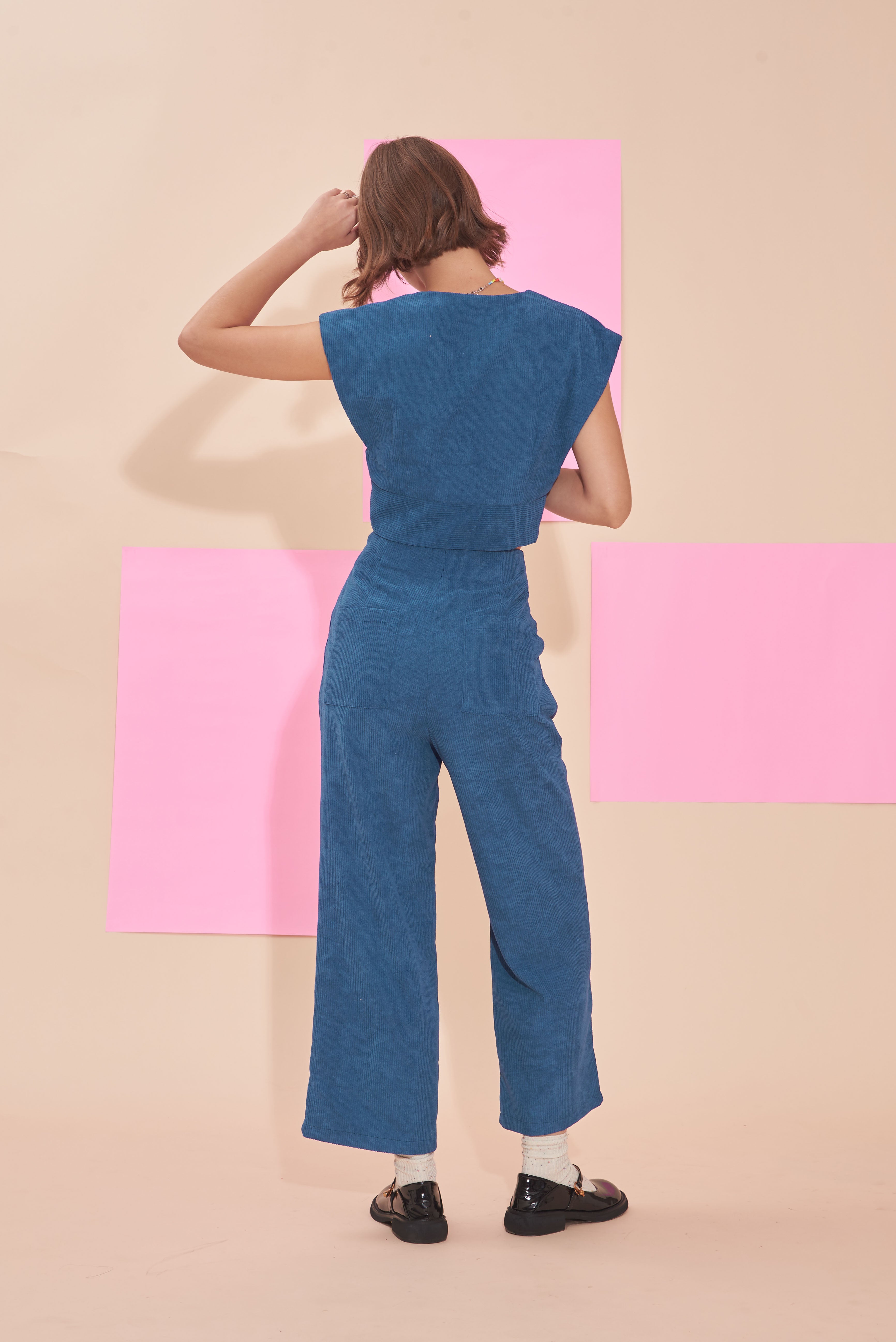 "SUNSHINE" 3/4 High Waist Culottes In Dark Teal Cotton Corduroy with White Contrast Buttons