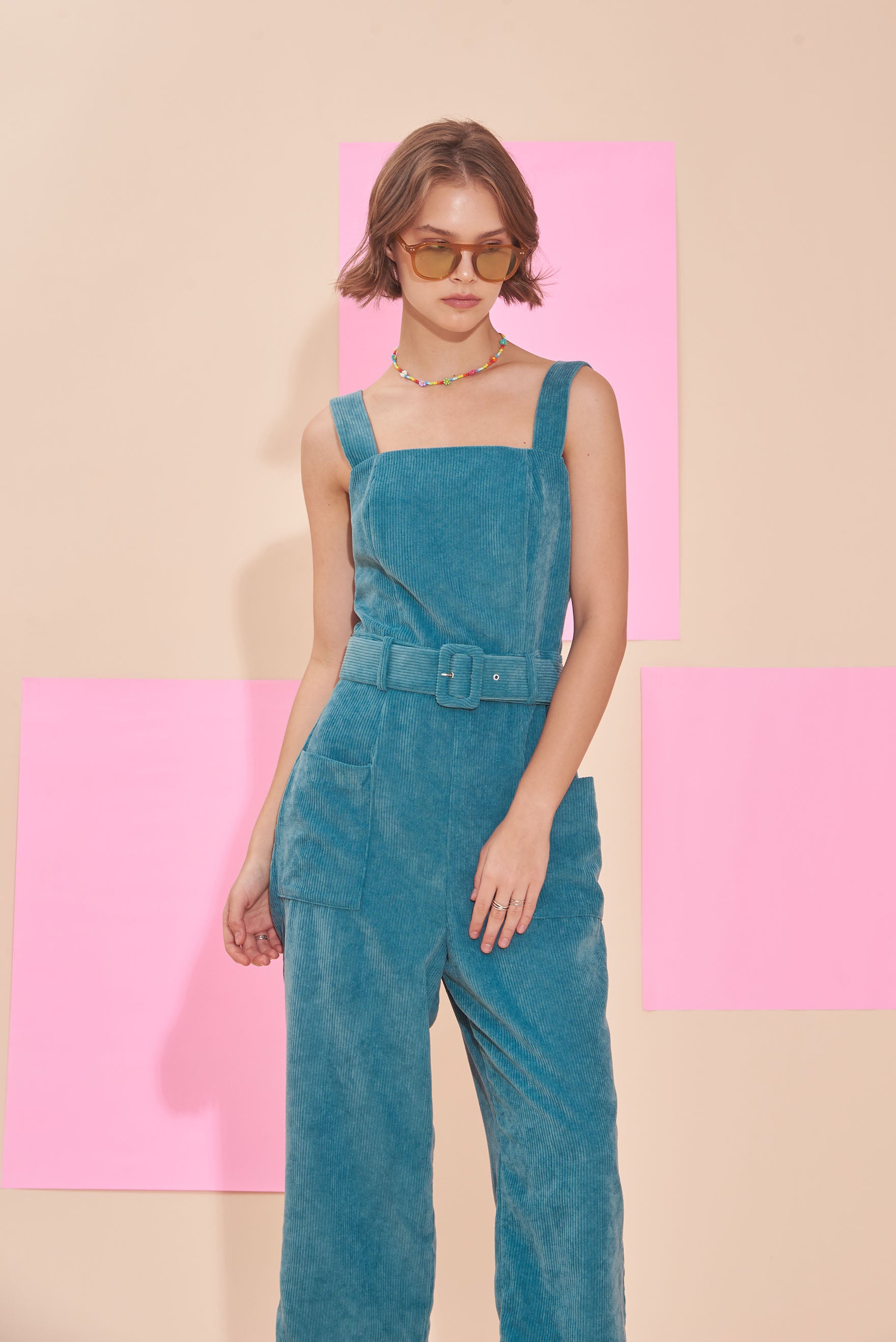 "SUNSHINE" Corduroy Pinafore Jumpsuits in Teal