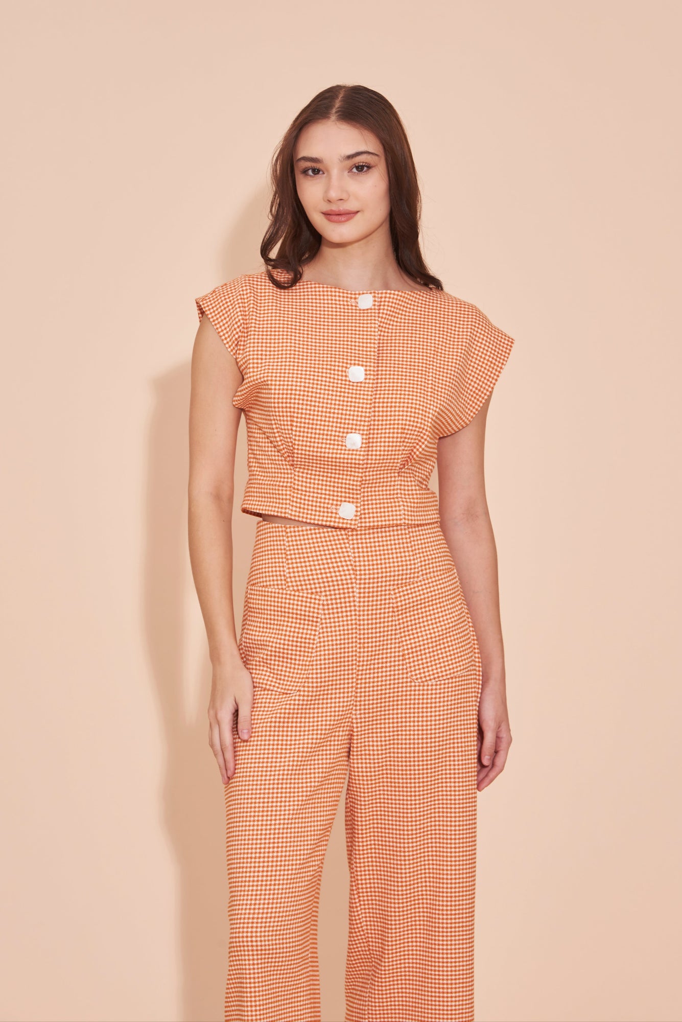 "SOMETHING SWEET" Tweed Orange Gingham Check Cropped Boat Neck Button Up Top