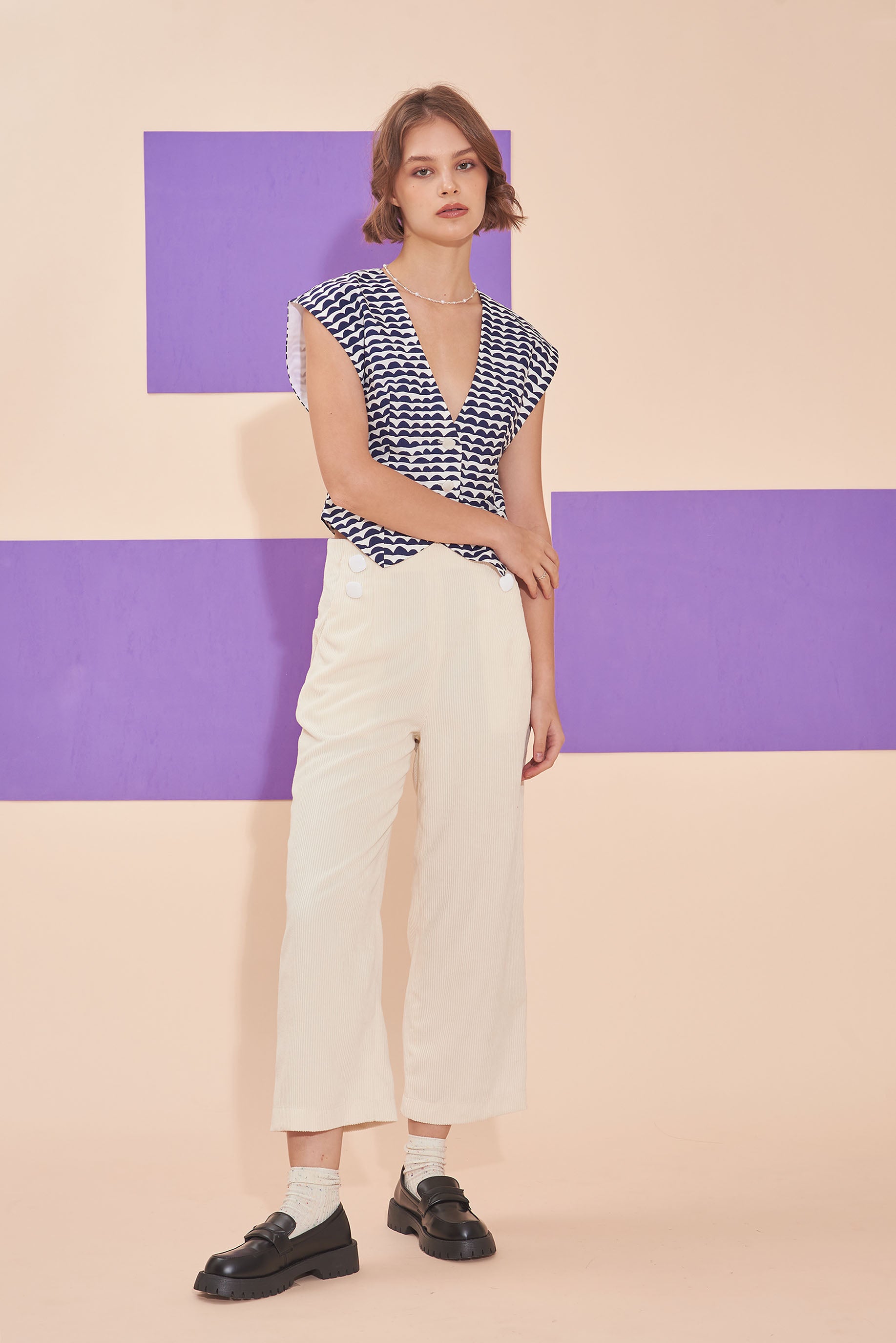 "SUNSHINE" 3/4 High Waist Culottes In Off White Corduroy With White Contrast Buttons