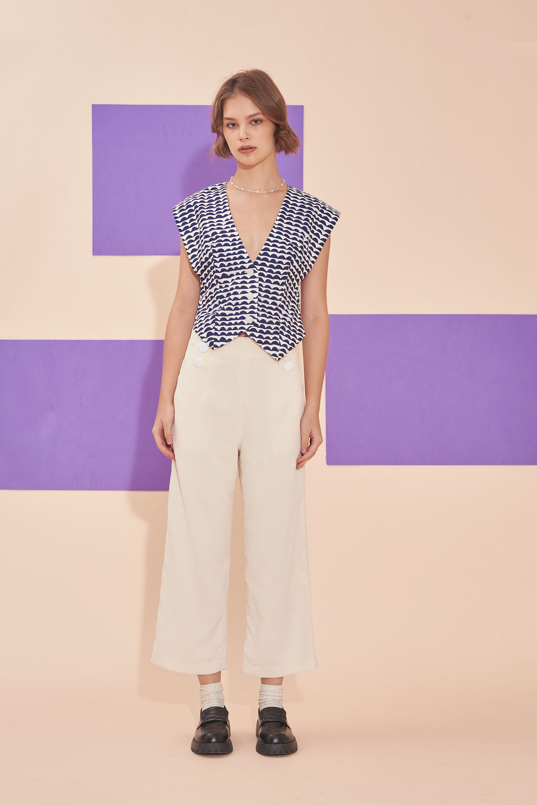 "SUNSHINE" 3/4 High Waist Culottes In Off White Corduroy With White Contrast Buttons