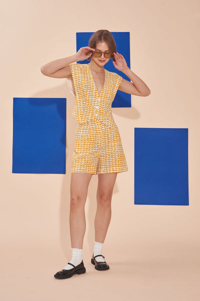 Penny Arcade Scallop Stripes Geo Print High Waisted Shorts With Elastic Waistband in Mustard Yellow