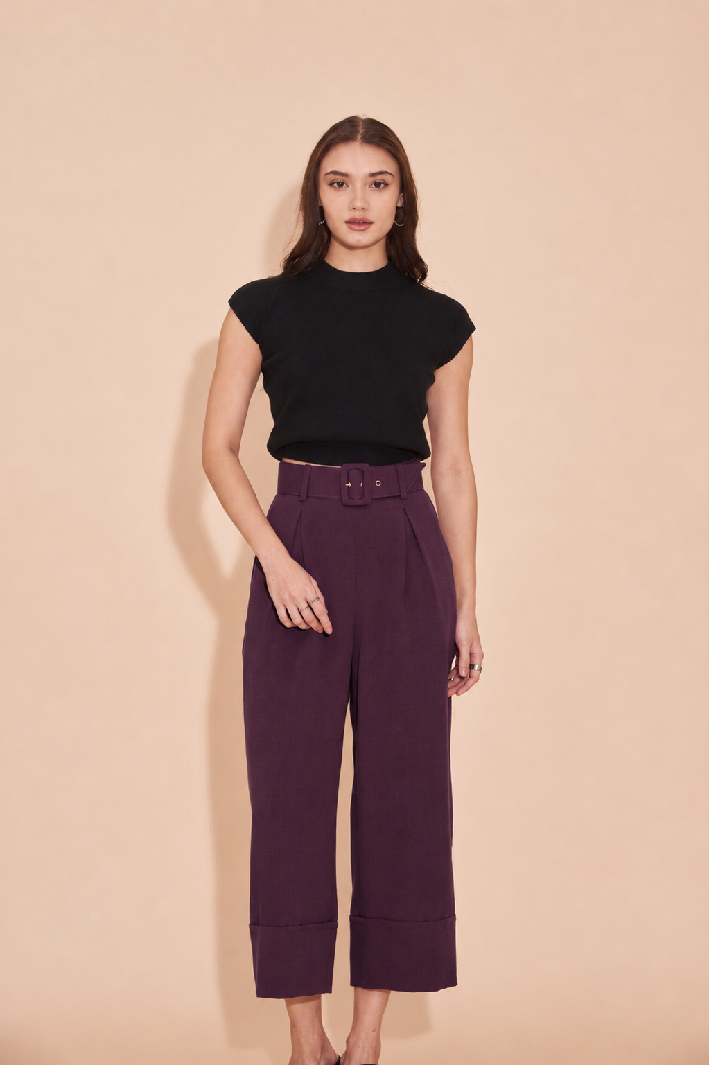 THINK OUTSIDE THE BOX High Waisted Cuffed Pants With Buckle belt In Burgandy
