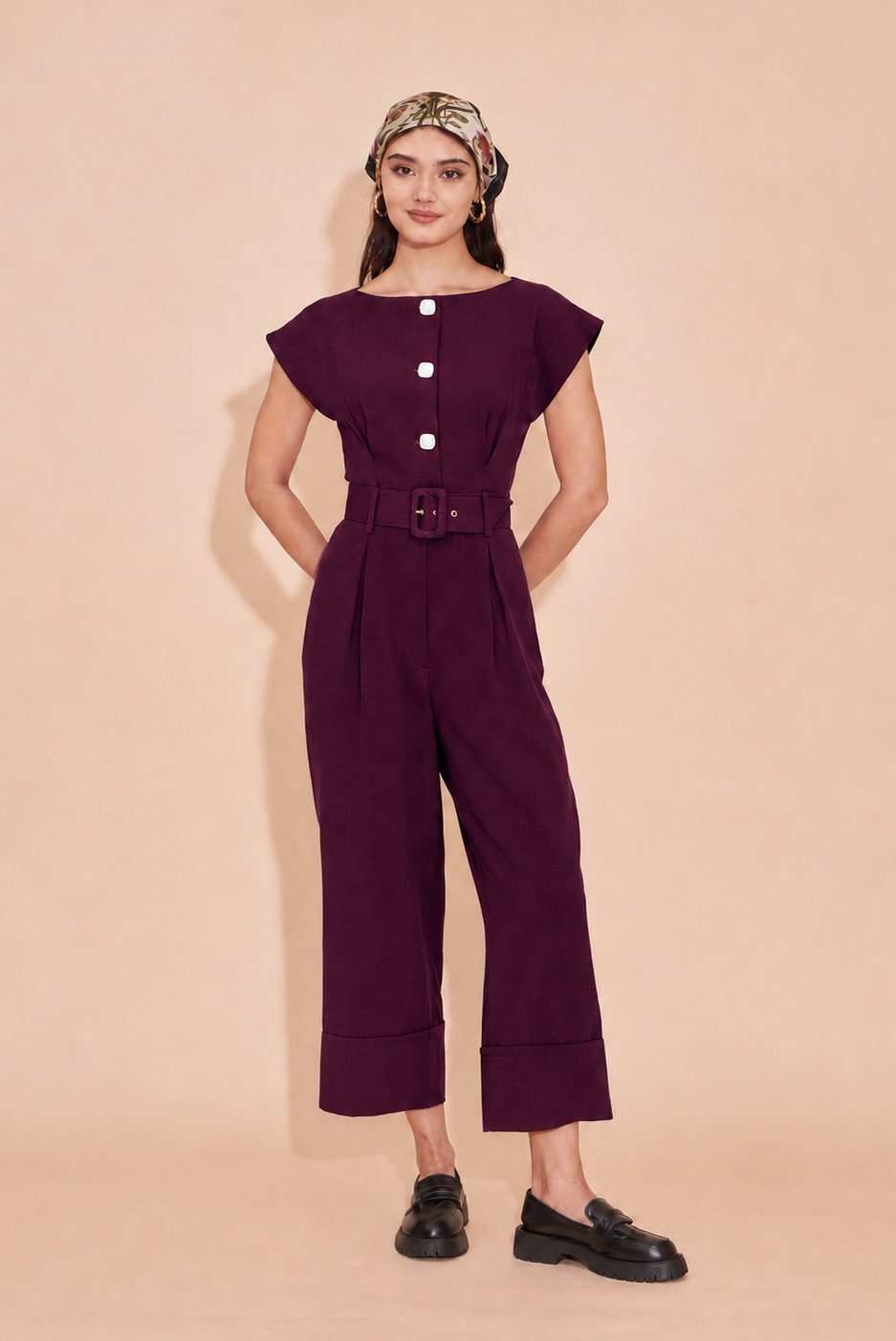 ON A HIGH NOTE | Boat Neck Jumpsuits With White Contrast Buttons In Burgandy