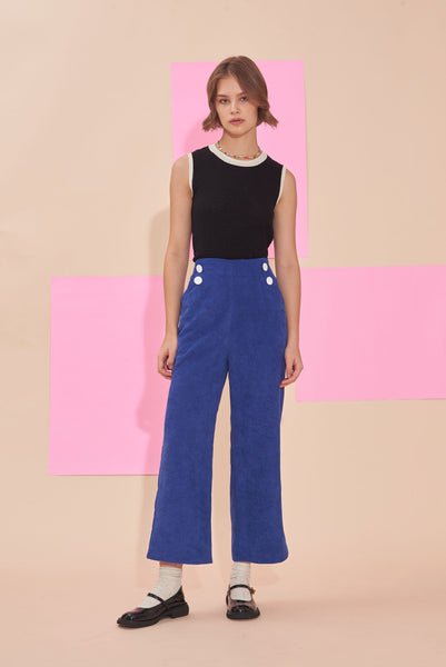 "SUNSHINE" 3/4 High Waist Culottes In Cobalt Blue Cotton Corduroy With White Contrast Buttons.