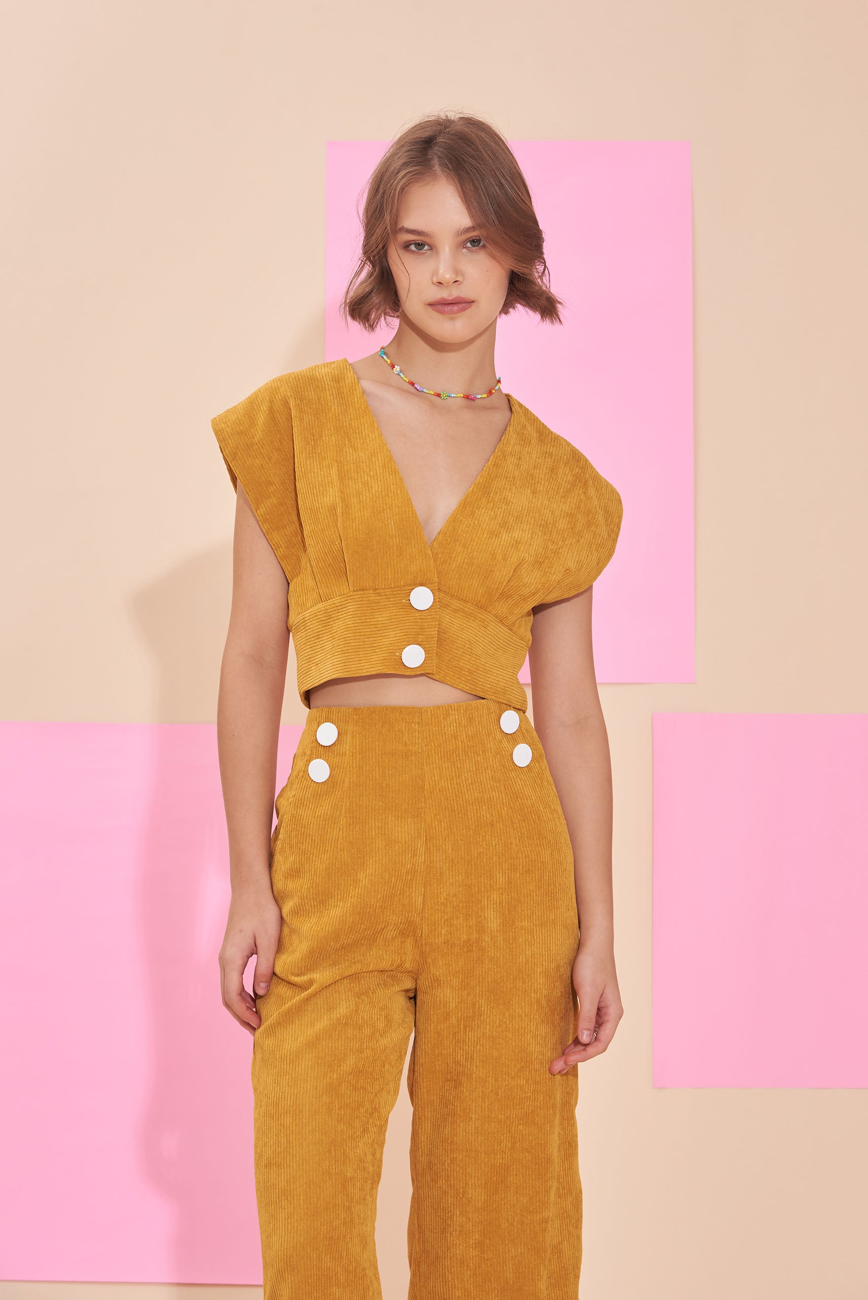 "SUNSHINE" 3/4 High Waist Culottes In Mustard Yellow Cotton Corduroy With White Contrast Buttons.