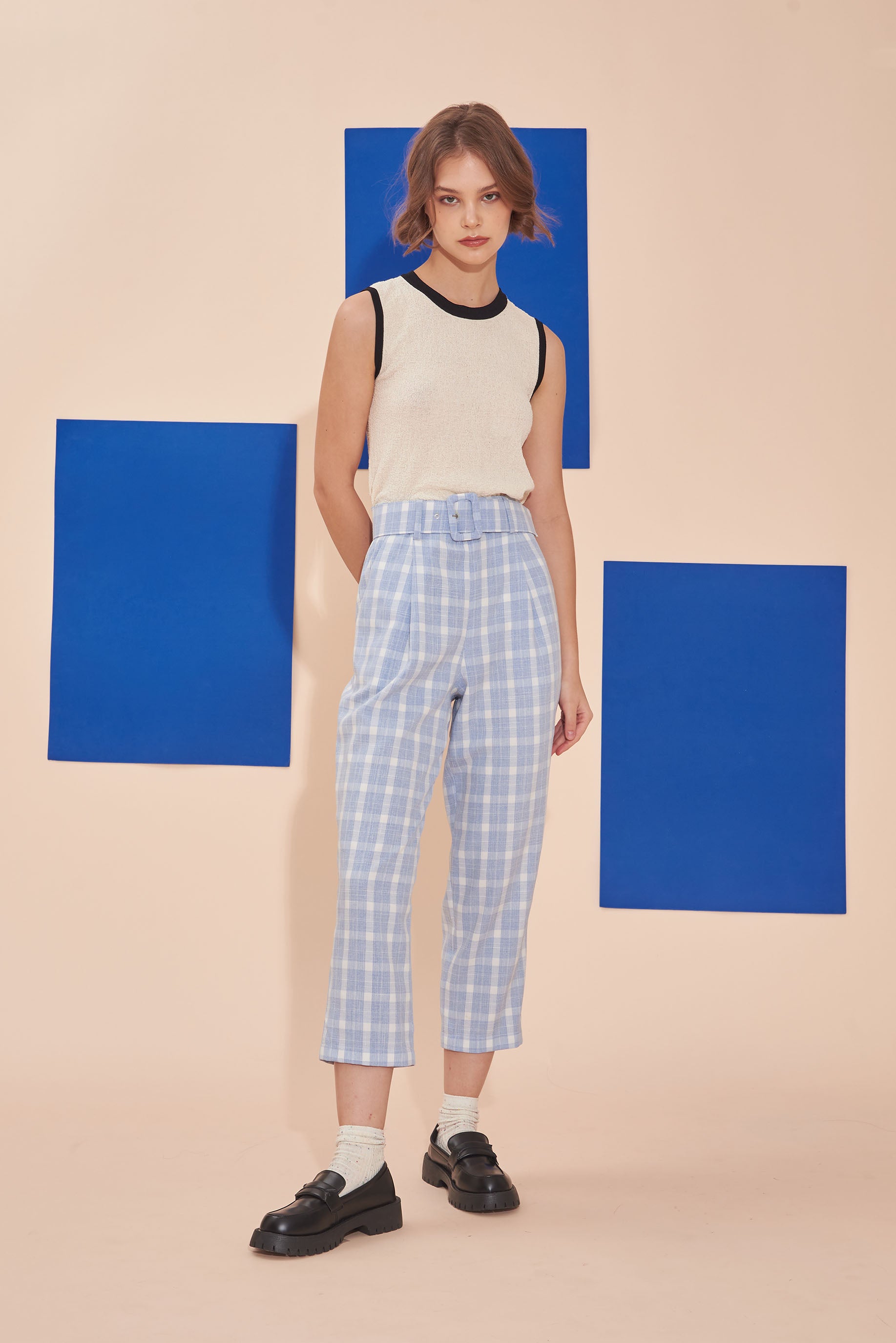 THE WONDER OF YOU | High Waisted Cigarette Pants In Blue Plaids With Buckle Belt