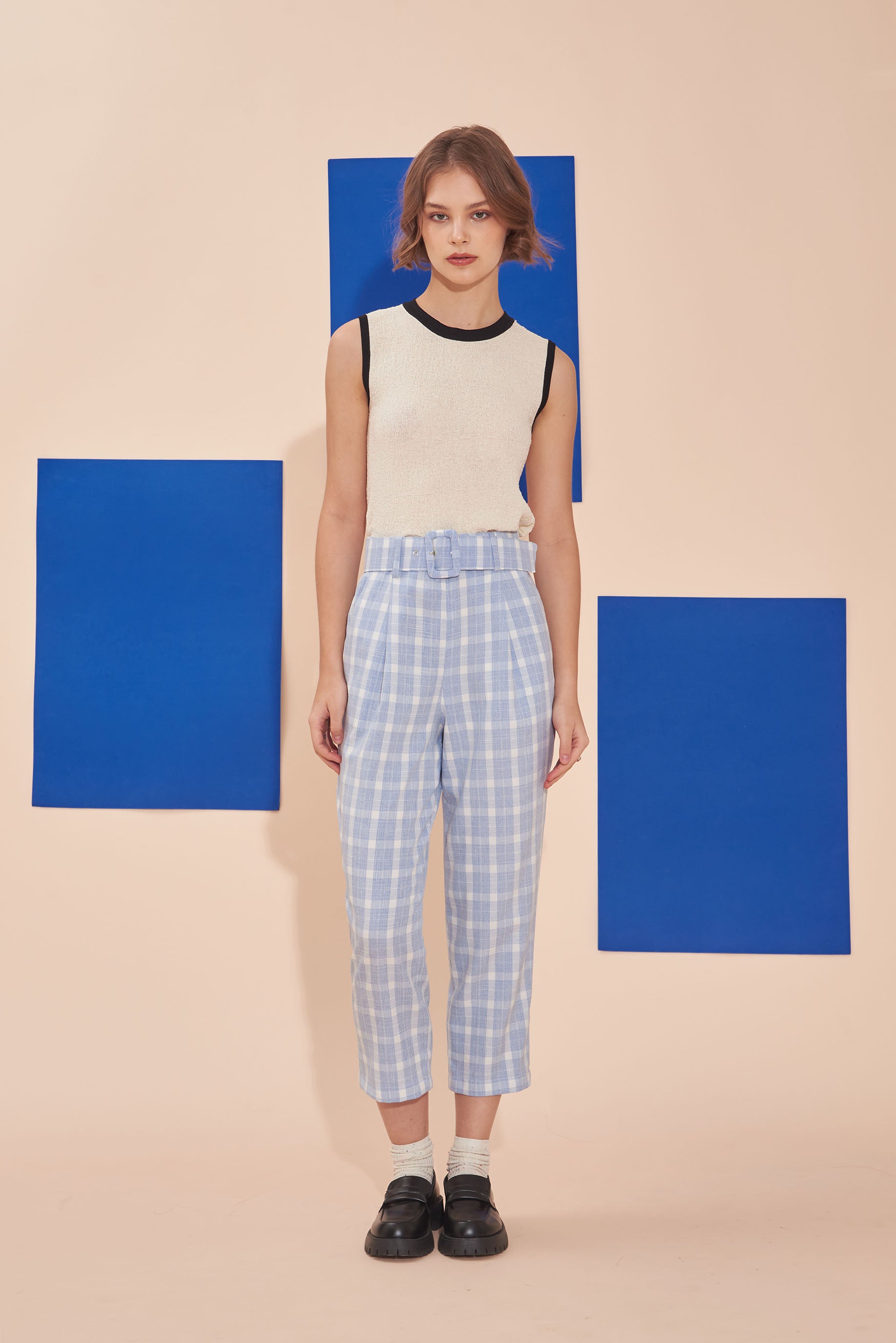 THE WONDER OF YOU | High Waisted Cigarette Pants In Blue Plaids With Buckle Belt