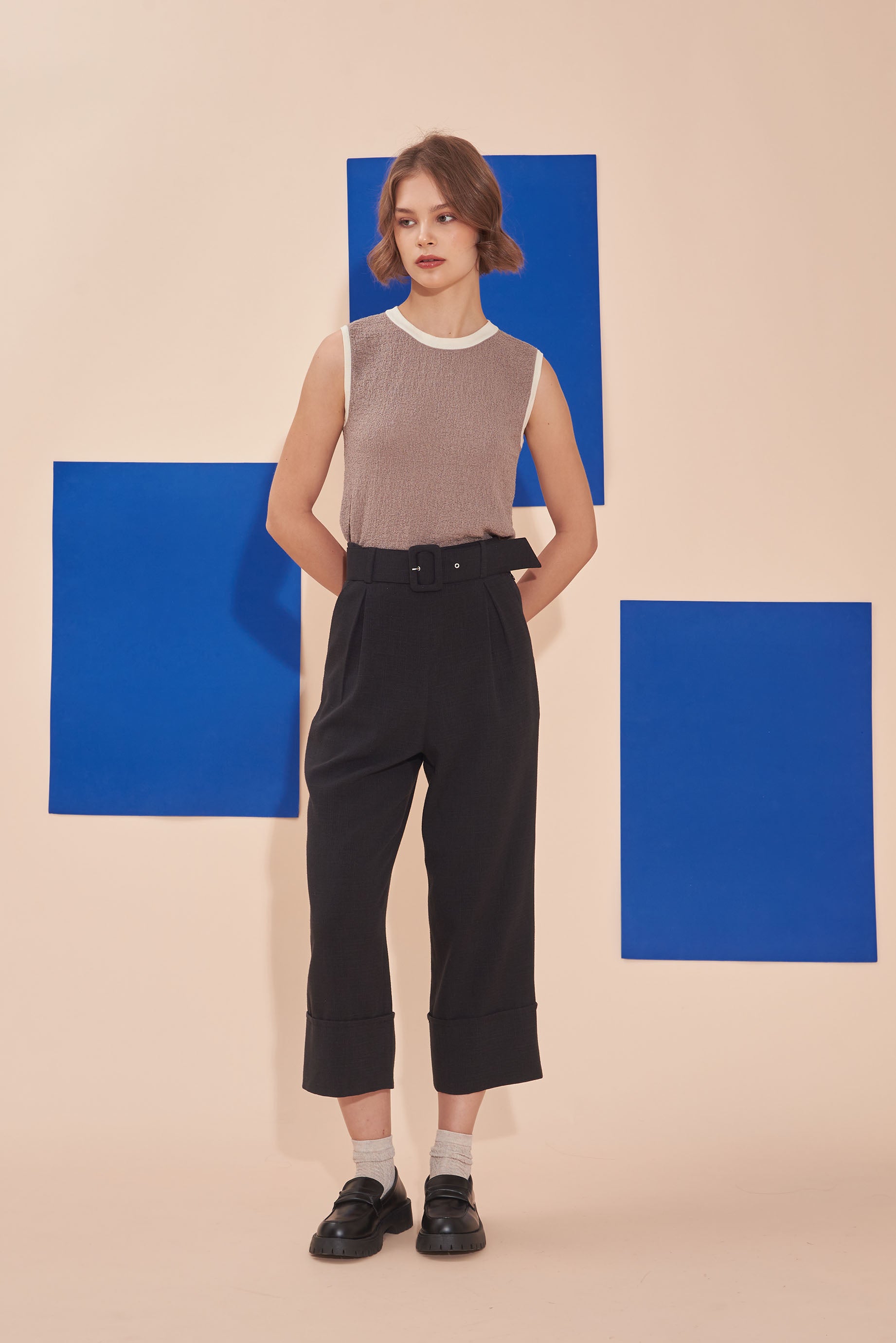 THINK OUTSIDE THE BOX Black High Waisted Cuffed Pants With Buckle belt