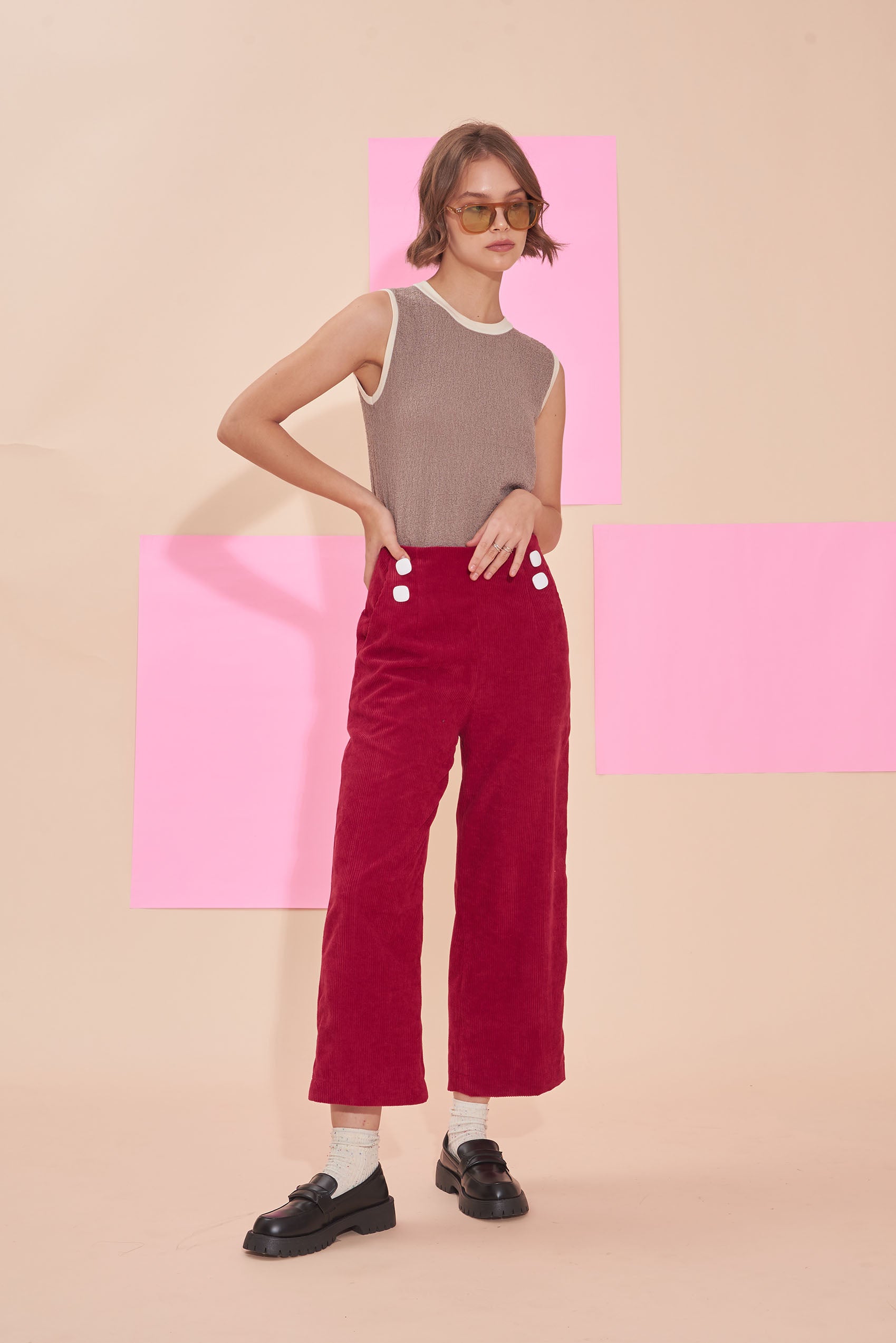"SUNSHINE" 3/4 High Waist Culottes In Lipstick Red Corduroy With White Contrast Buttons