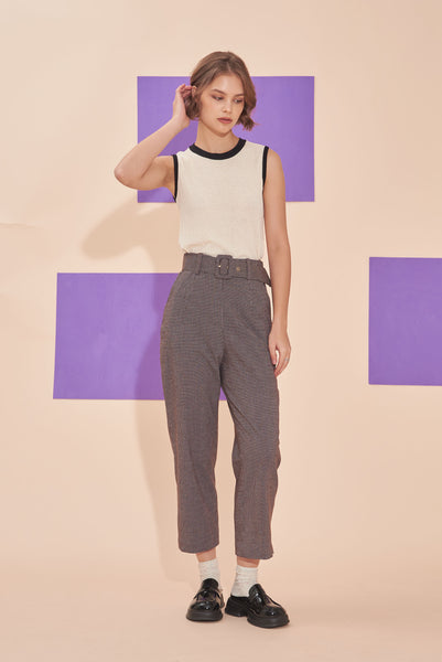 ON A HIGH NOTE | Checkered 60s Tailored High Waisted Straight Leg Pants In Dark Brown