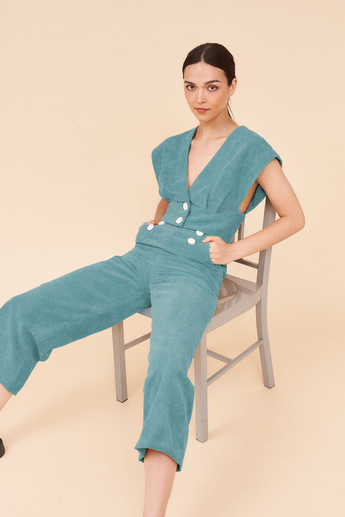 "SUNSHINE" 3/4 High Waist Culottes In Aqua Blue Cotton Corduroy with White Contrast Buttons