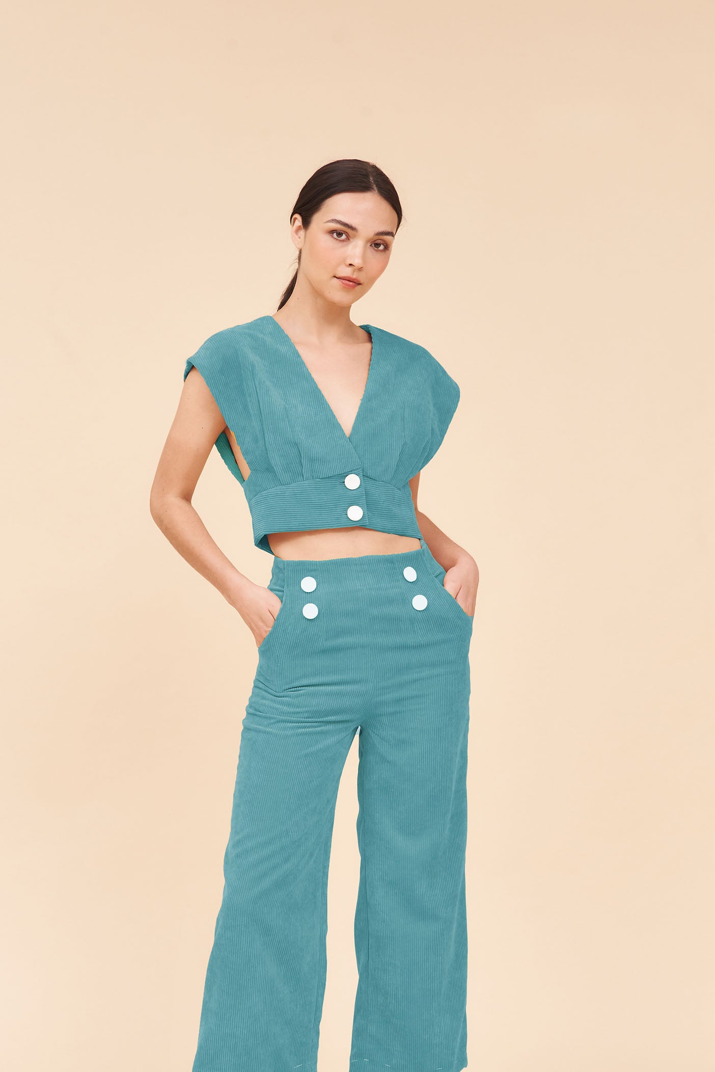 "SUNSHINE" Plunging V neck Cropped Top With Empire Waist in Aqua Blue Cotton Corduroy