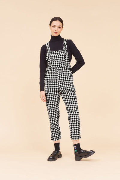 "JOY" Utility Overall Dungaree Jumpsuits in Black Houndstooth Cotton Twill