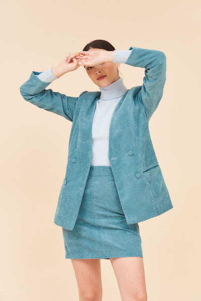 CLOUD High Waisted Mini A Line Skirt In Blue Corduroy With Colour Bl t h e o n l y