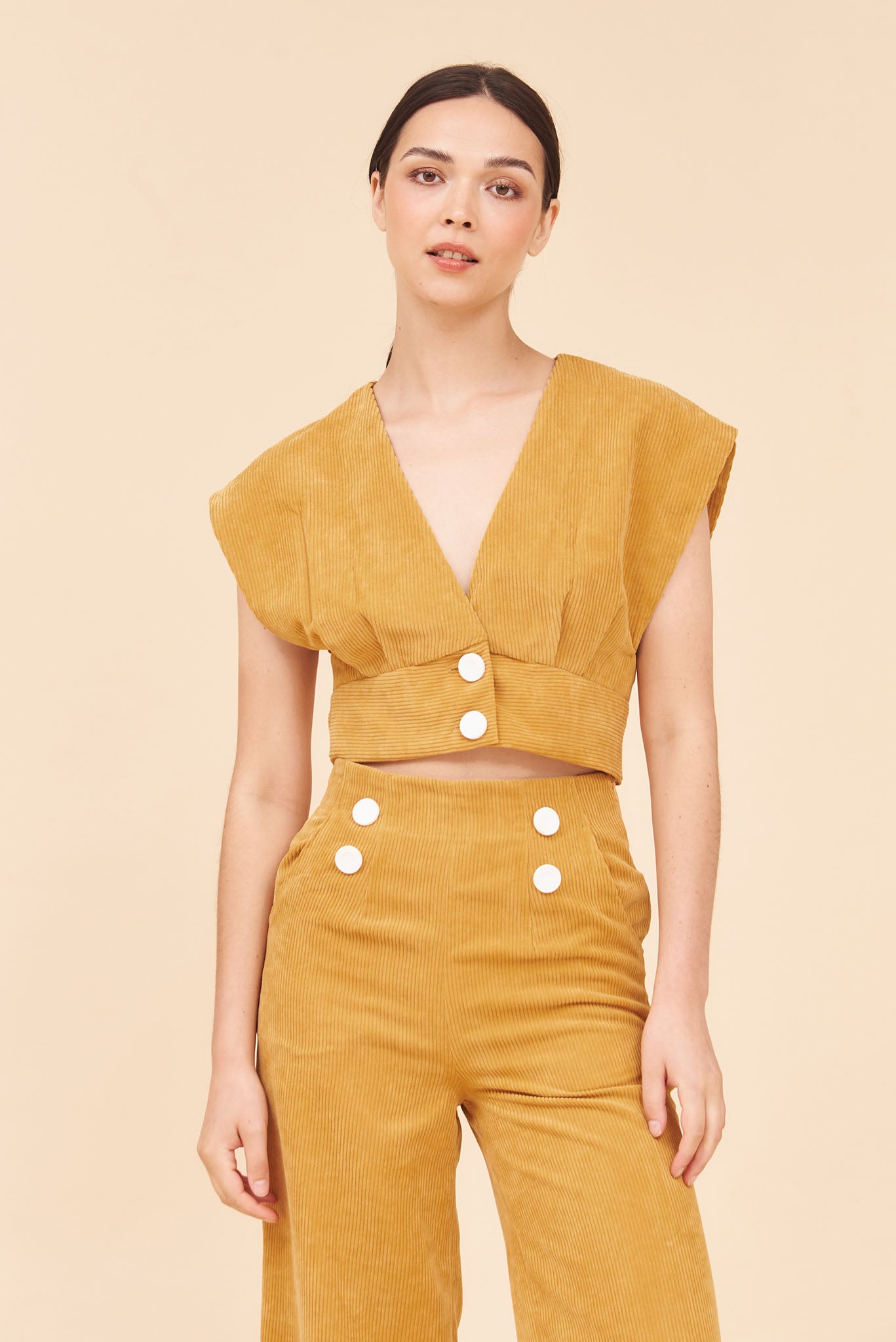 "SUNSHINE" Plunging V neck Cropped Top With Empire Waist in Mustard Cotton Corduroy