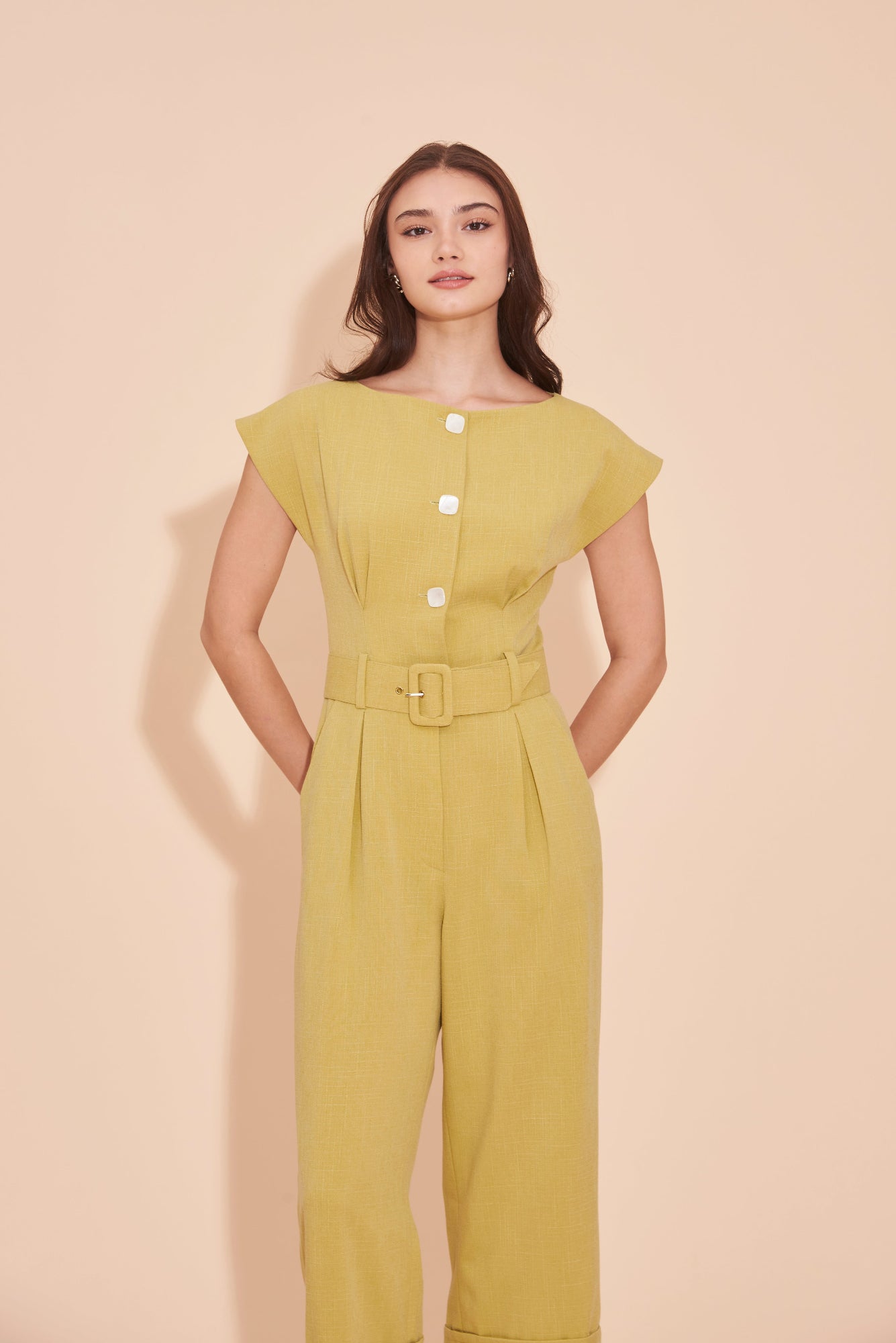 ON A HIGH NOTE | Boat Neck Jumpsuits With White Contrast Buttons In Lime