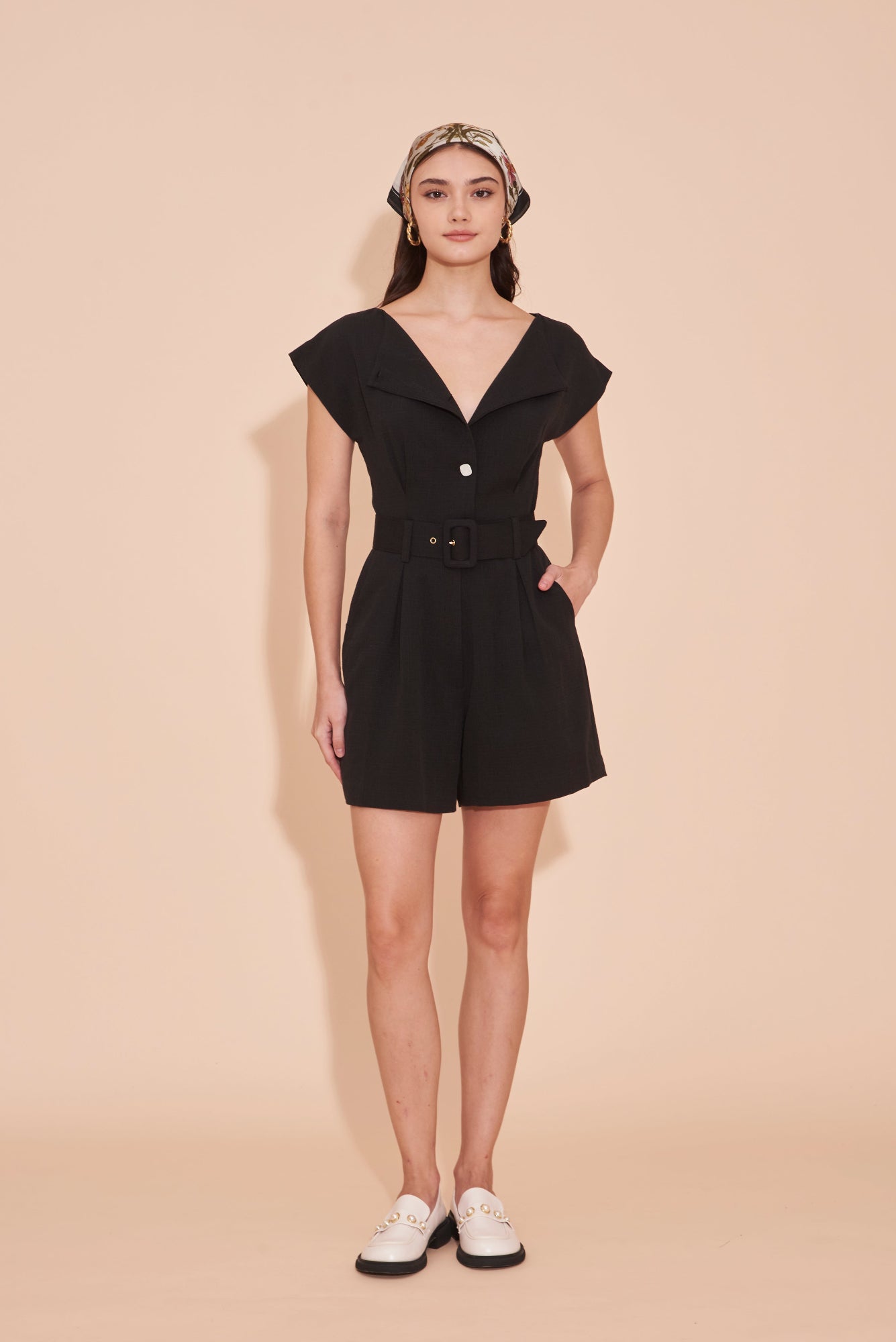 ON A HIGH NOTE | Boat Neck Short Jumpsuits in Black With White Contrast Buttons