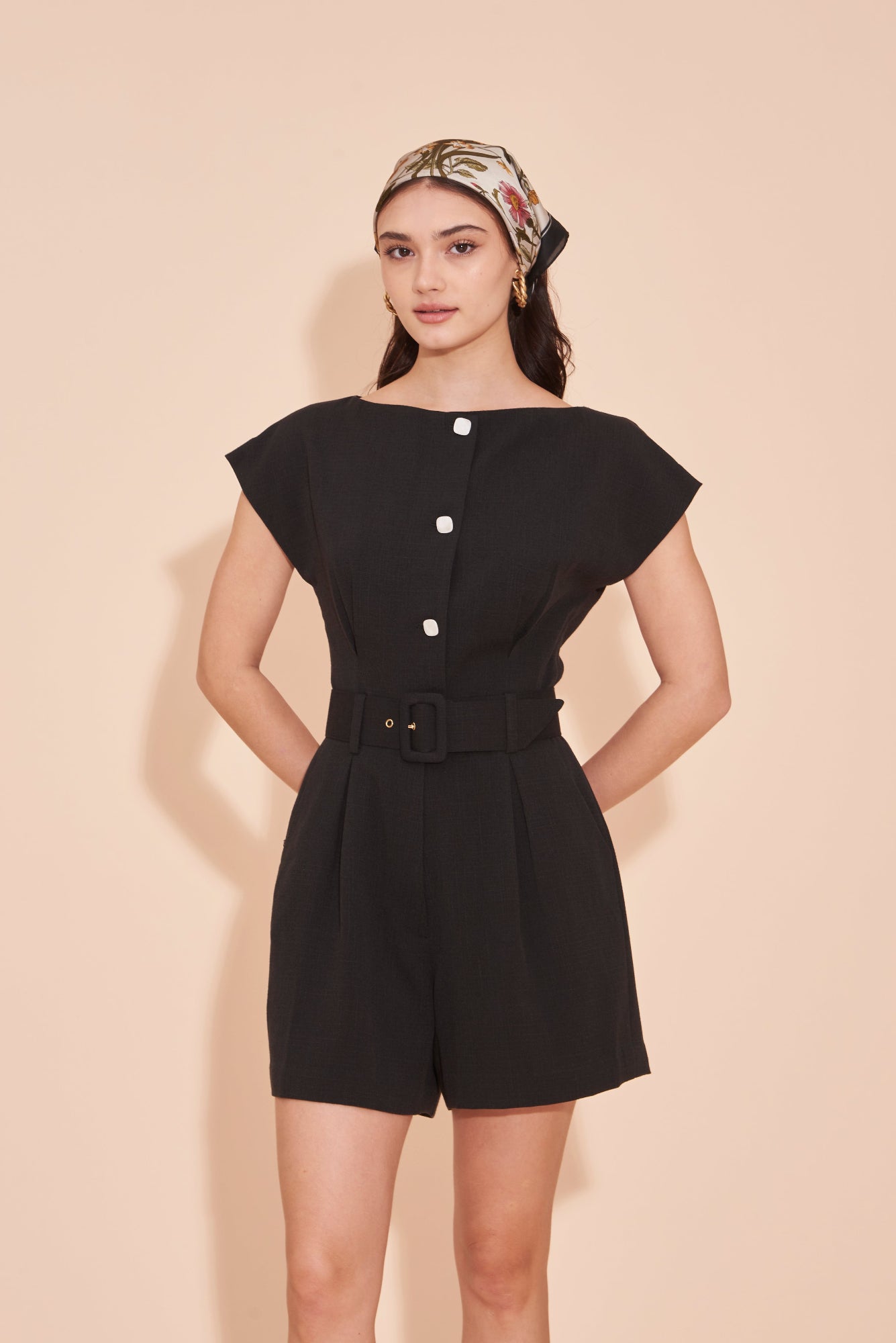 ON A HIGH NOTE | Boat Neck Short Jumpsuits in Black With White Contrast Buttons